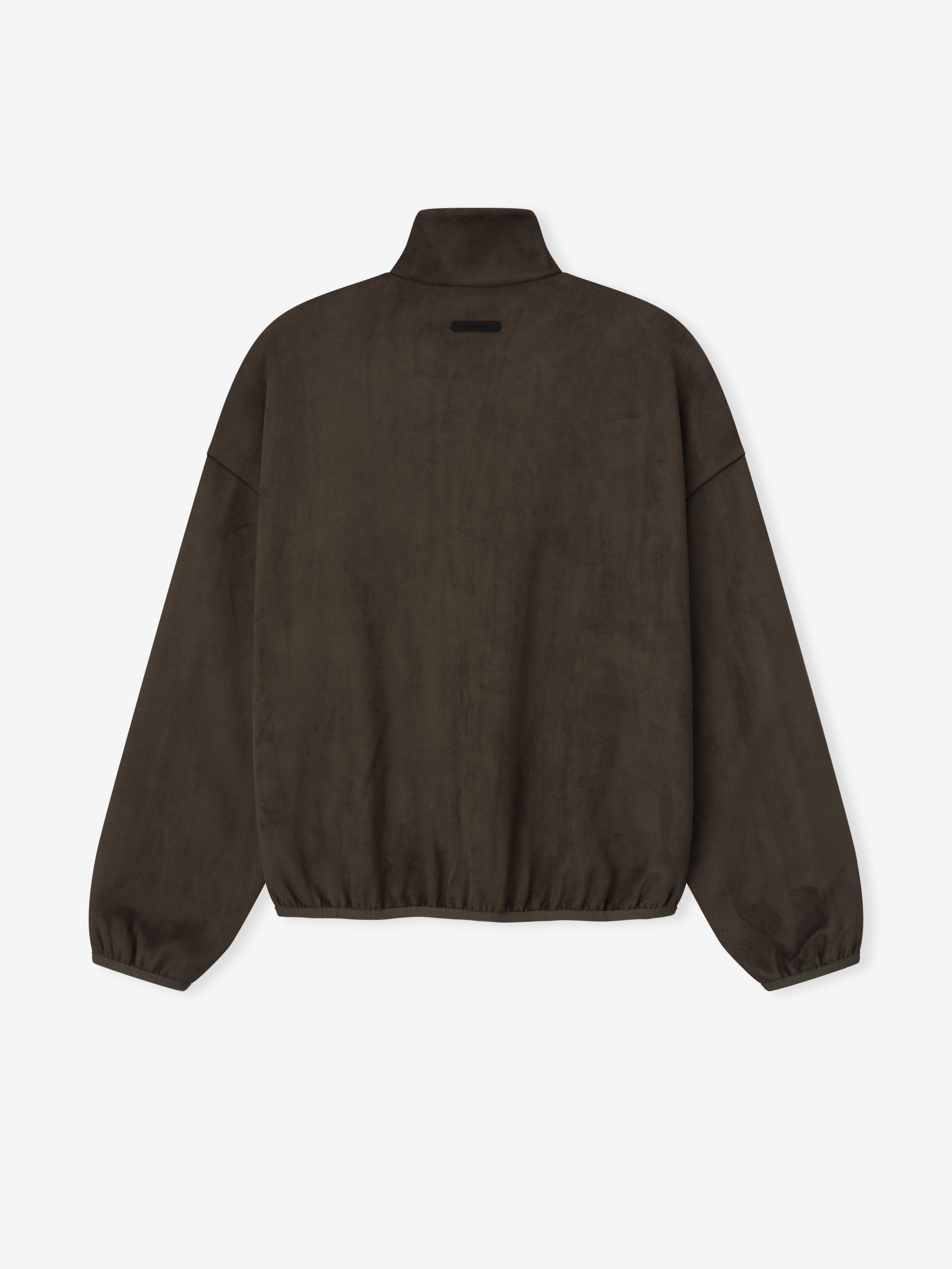Dark brown jacket with high collar and elasticated cuffs and hem shown from the back on a plain light background