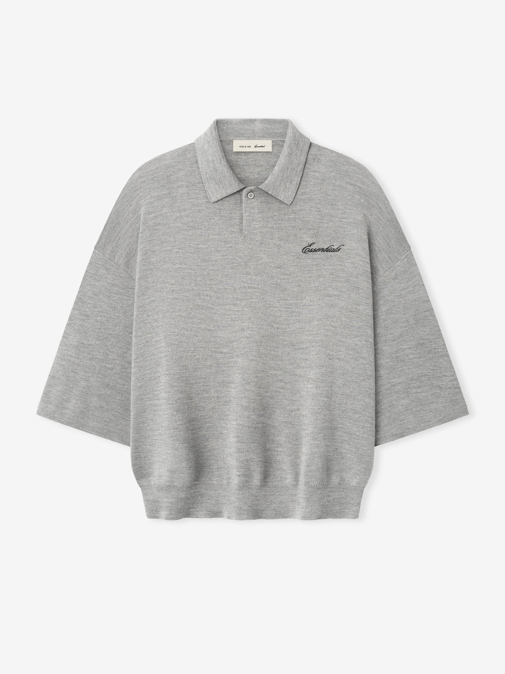 light grey heavy merino knit polo with relaxed fit, 3/4 sleeves, classic collar, and black Essentials signature embroidery on chest