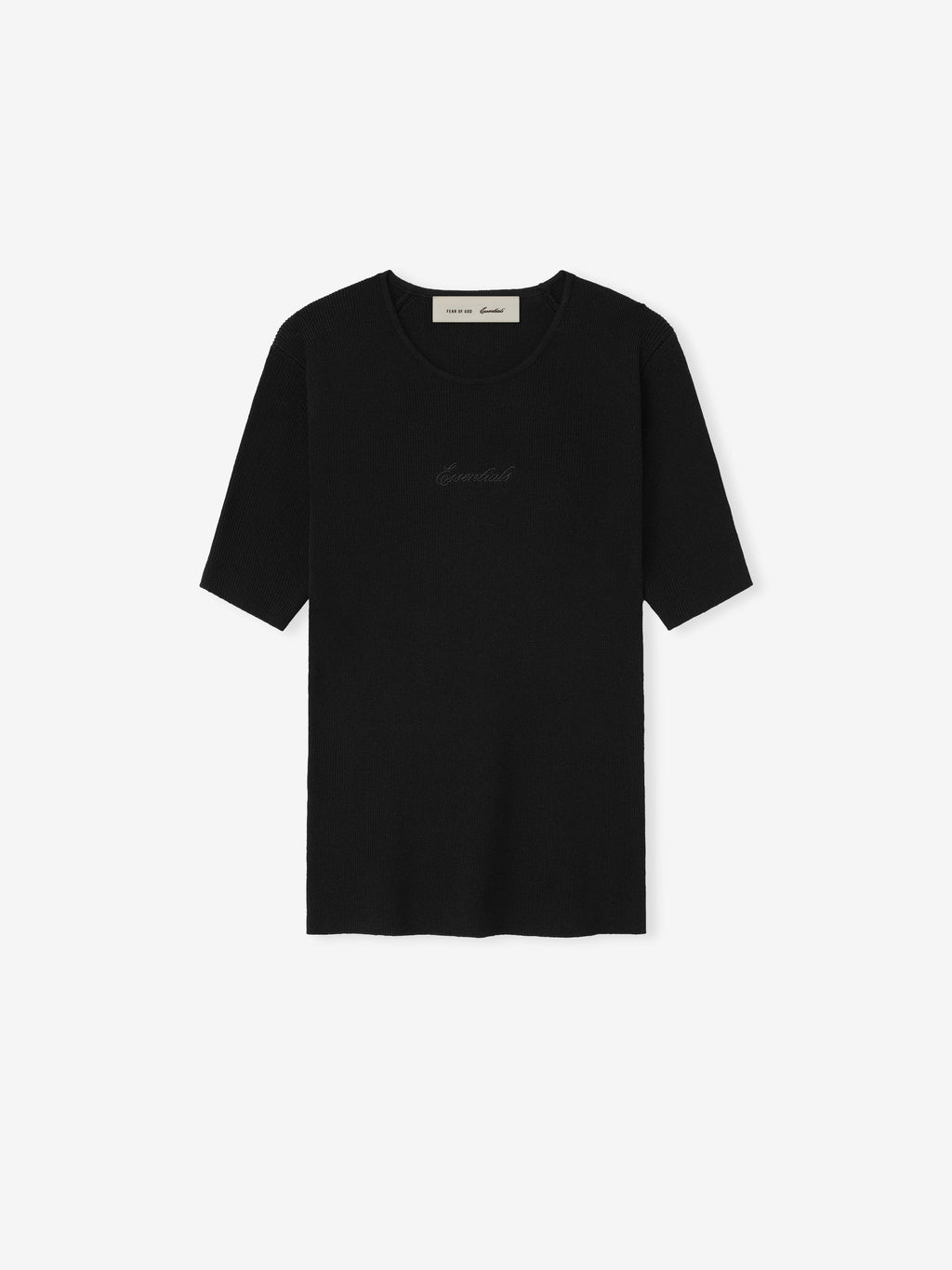 Black t-shirt with text on a white background