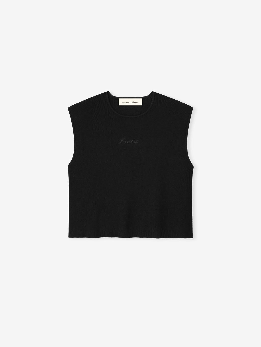 Black sleeveless top on a white background and a black embroidered 'essentials' signature logo in the center