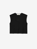 Black sleeveless top on a white background and a black embroidered 'essentials' signature logo in the center