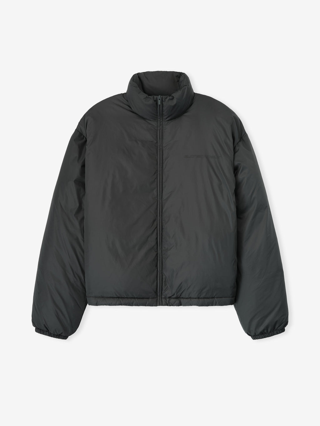 Front view of iron grey ripstop nylon puffer jacket with high collar and elasticated cuffs, file 202HO258151F_1.jpg