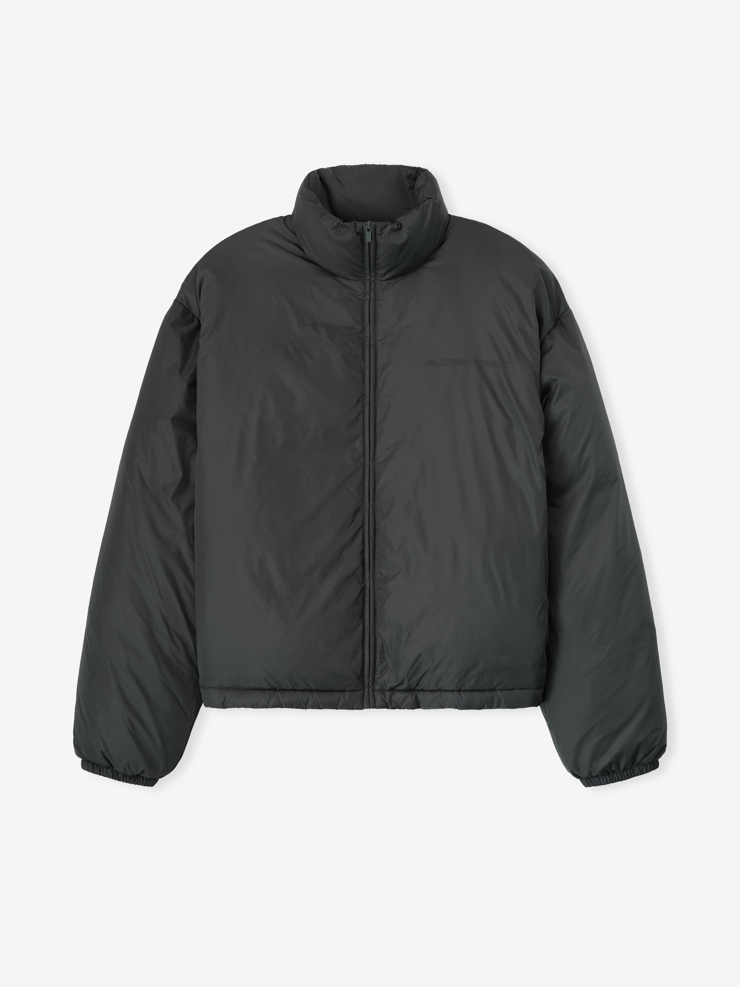 Front view of iron grey ripstop nylon puffer jacket with high collar and elasticated cuffs, file 202HO258151F_1.jpg