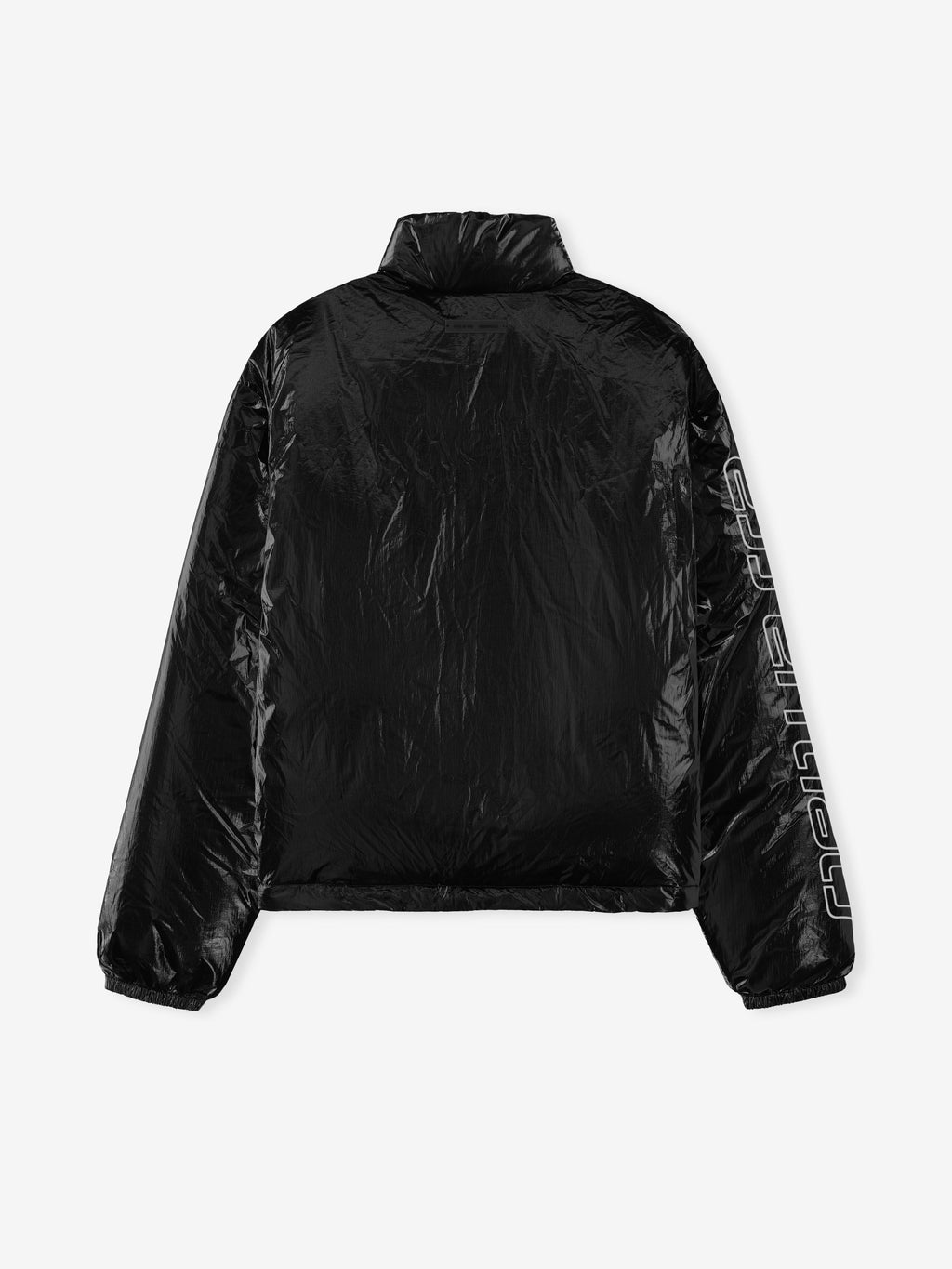 Back view of shiny metallic black ripstop nylon puffer jacket with Essentials branding on left sleeve, file 202HO258181F_PUFFER_JACKET-METALLIC_BLACK_2.jpg