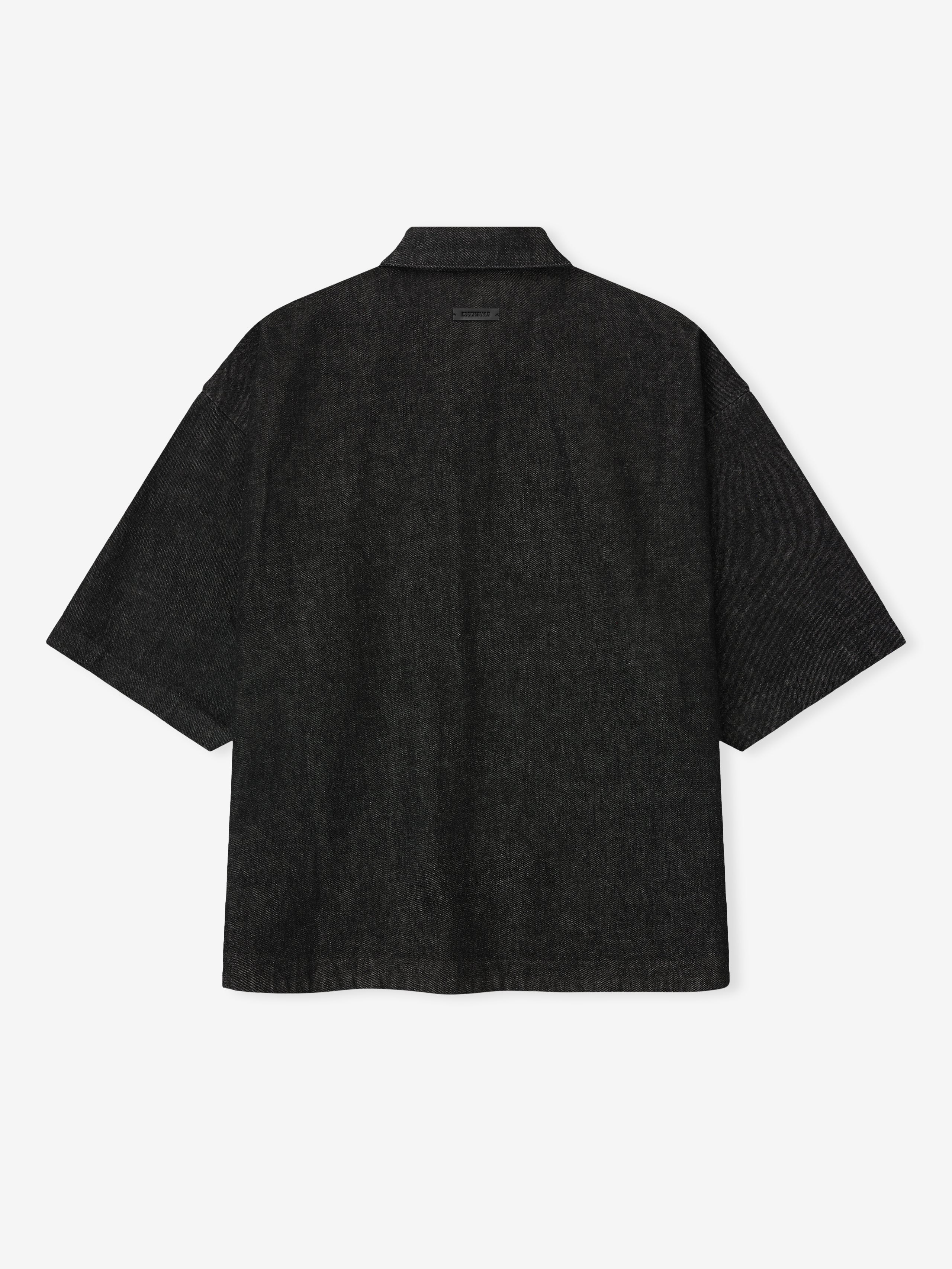 Back view of vintage black denim full zip work shirt with short sleeves and relaxed fit gallery 0
