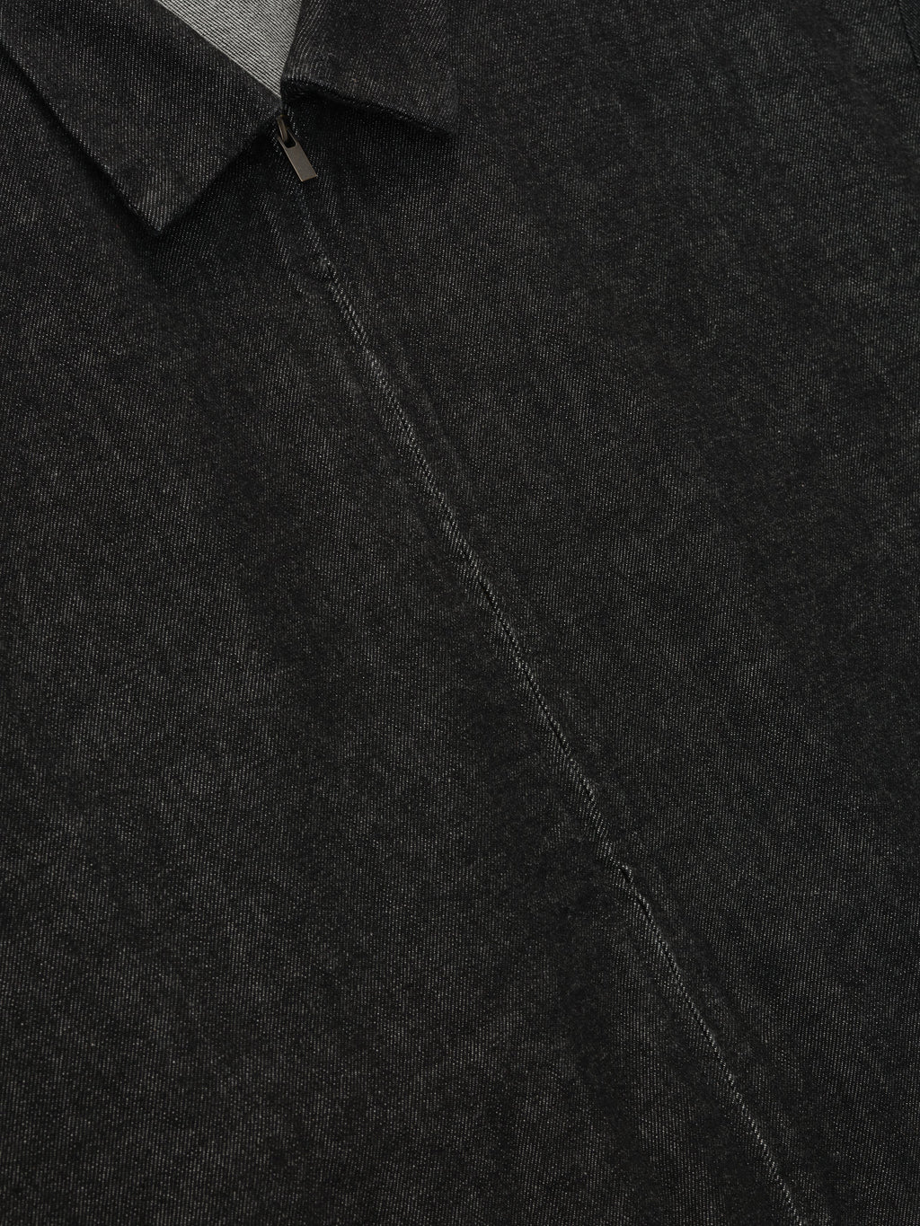Close-up of vintage black denim full zip work shirt showing collar and zipper detail, gallery image 0