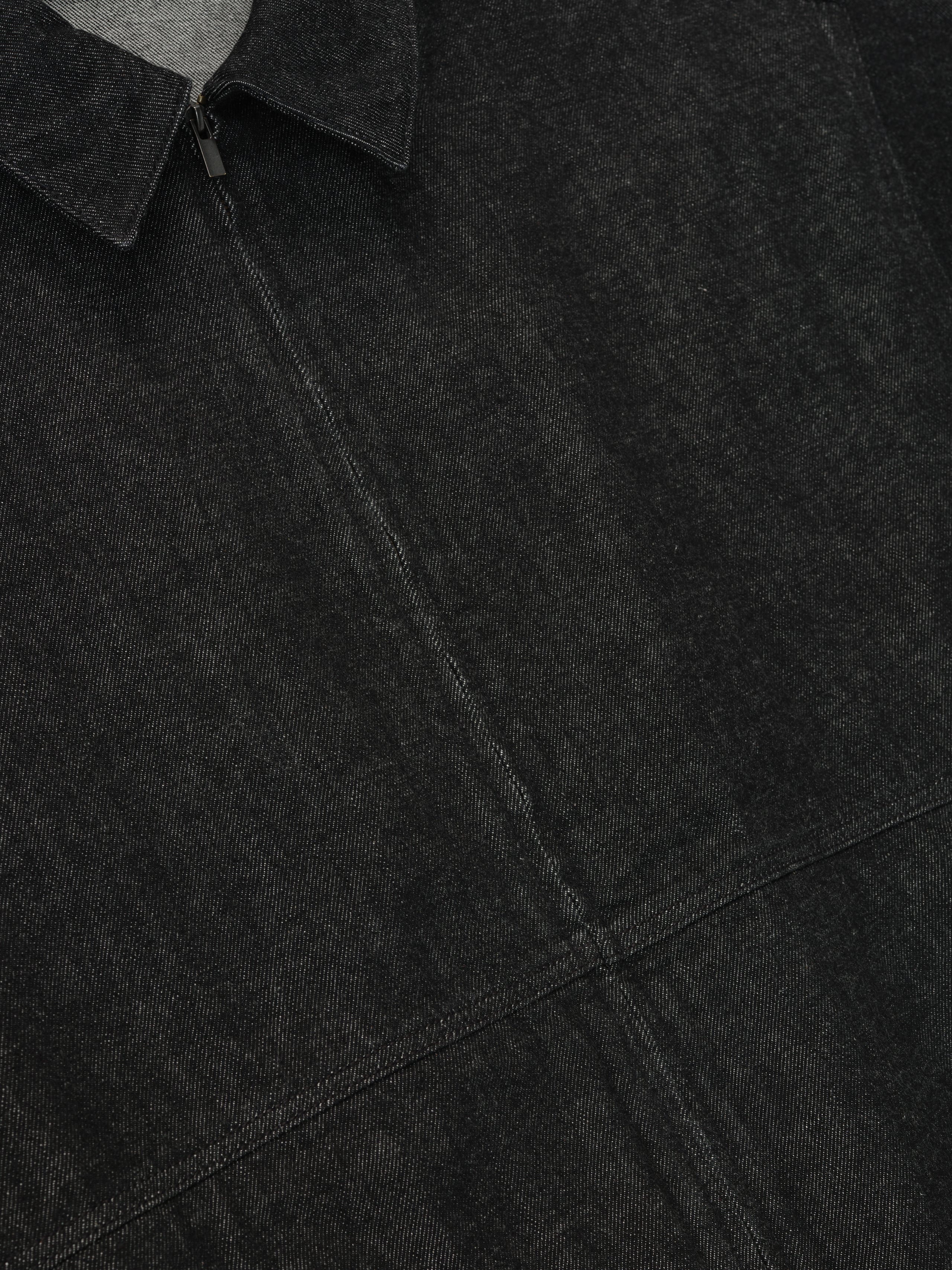 Close-up of vintage black denim work jacket front with zipper and collar detail, file 202HO258231F, gallery position 0