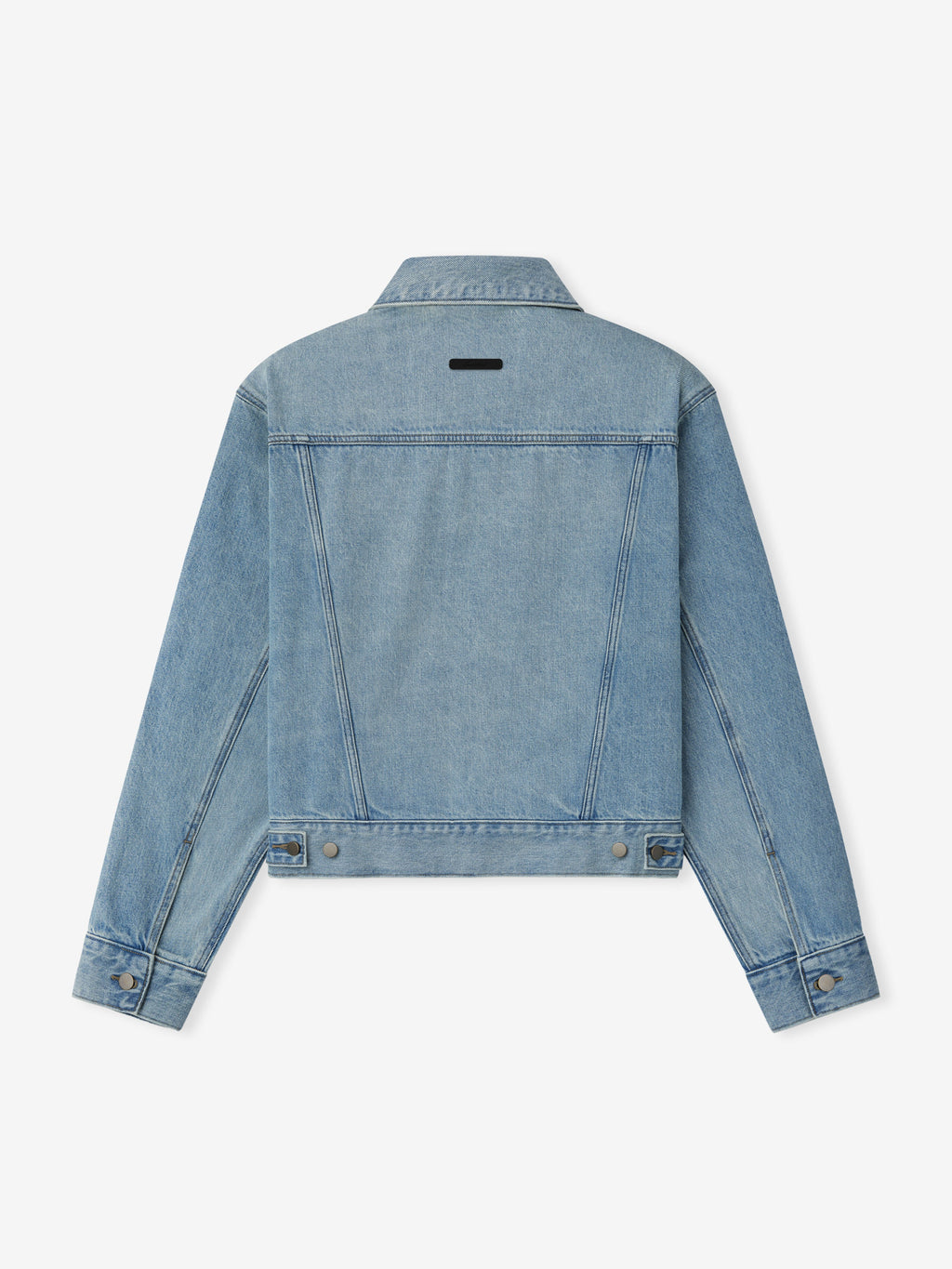 Back view of light wash denim jacket with classic collar, buttoned cuffs, and adjustable waistband tabs on white background