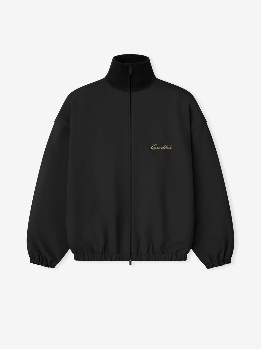 Black jacket with a signature 'Essentials' brand logo embroidered on a white background