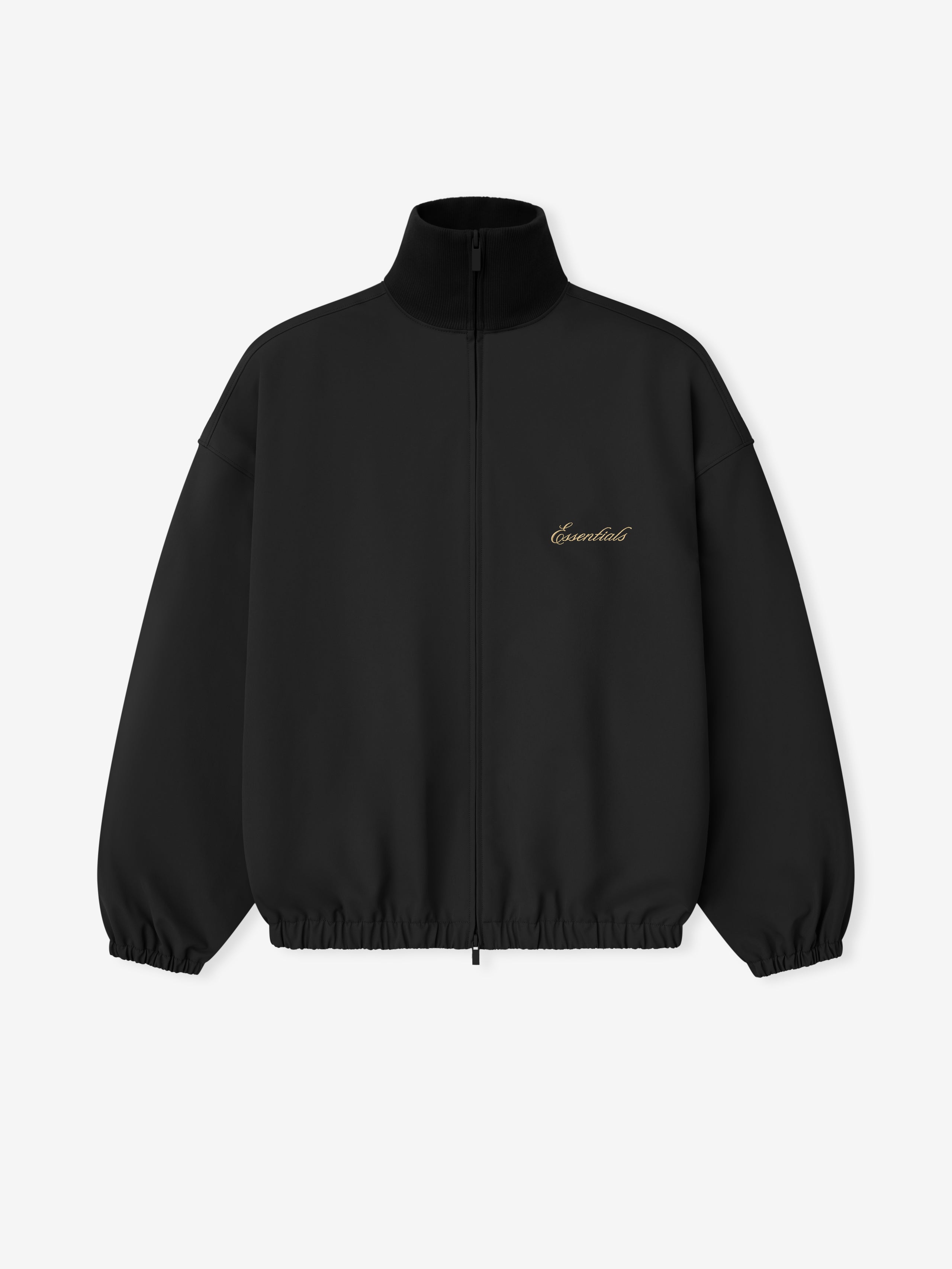 Black jacket with a signature 'Essentials' brand logo embroidered on a white background