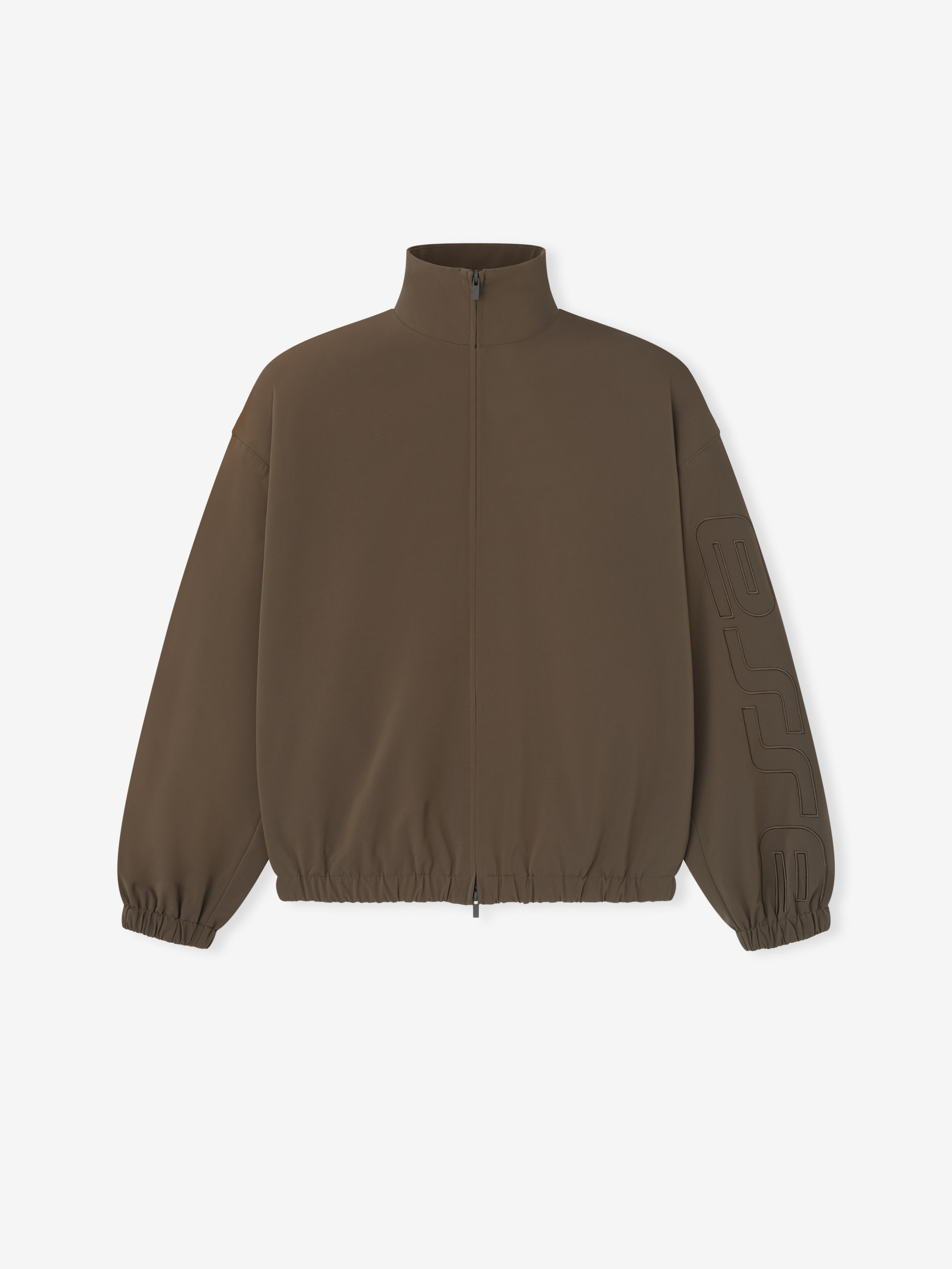 brown full zip track jacket with high neck, elasticated cuffs and hem, and embossed detail on the sleeve