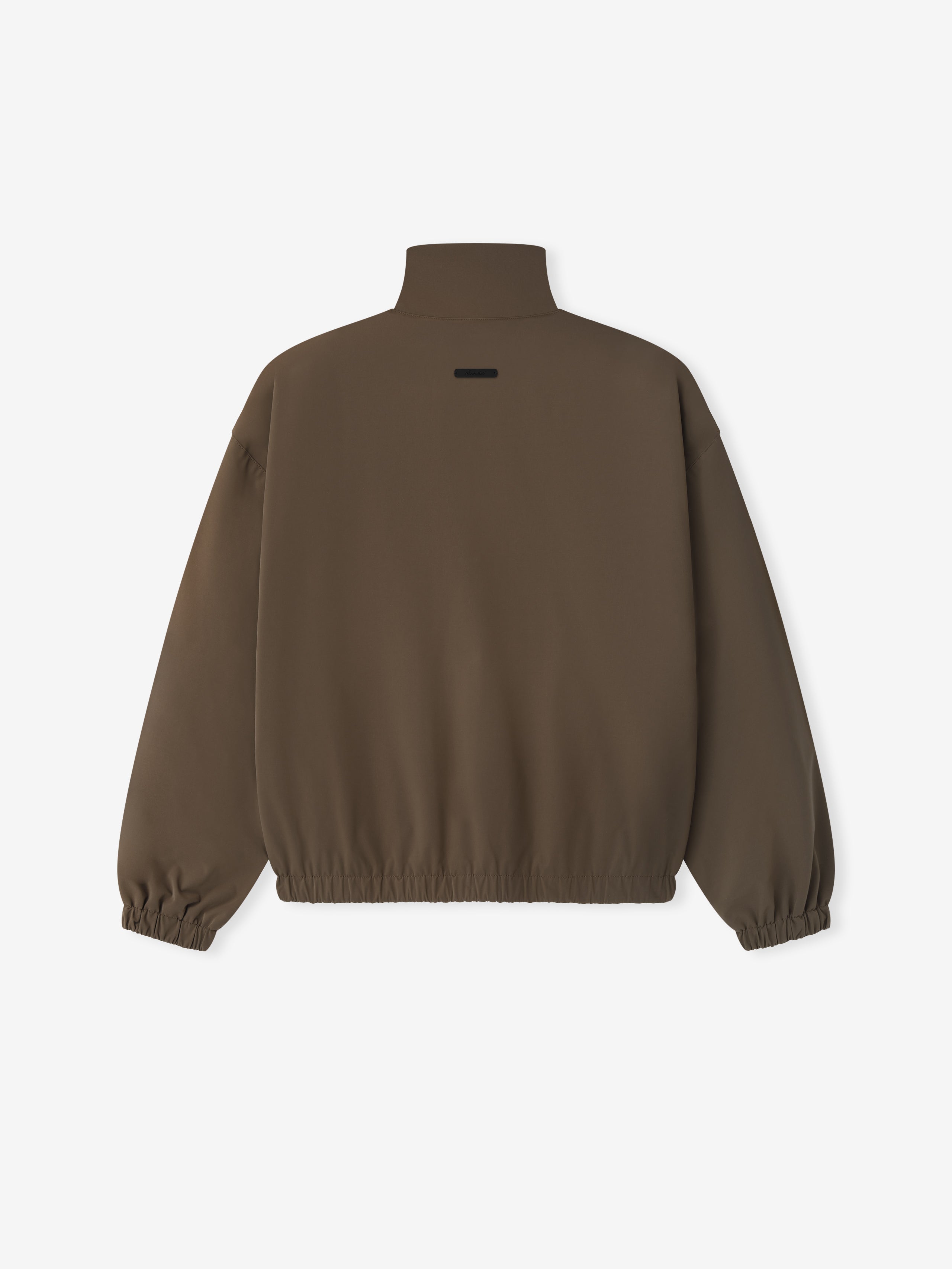 brown full zip track jacket with high neck, elasticated cuffs and hem, and small black embroidered logo on back neckline
