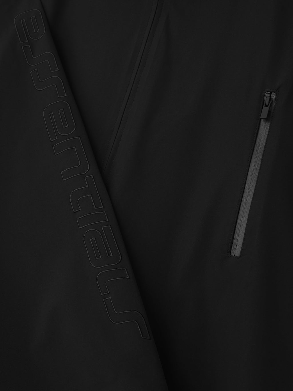 Close-up of a black jacket with a zipper and branding detail.