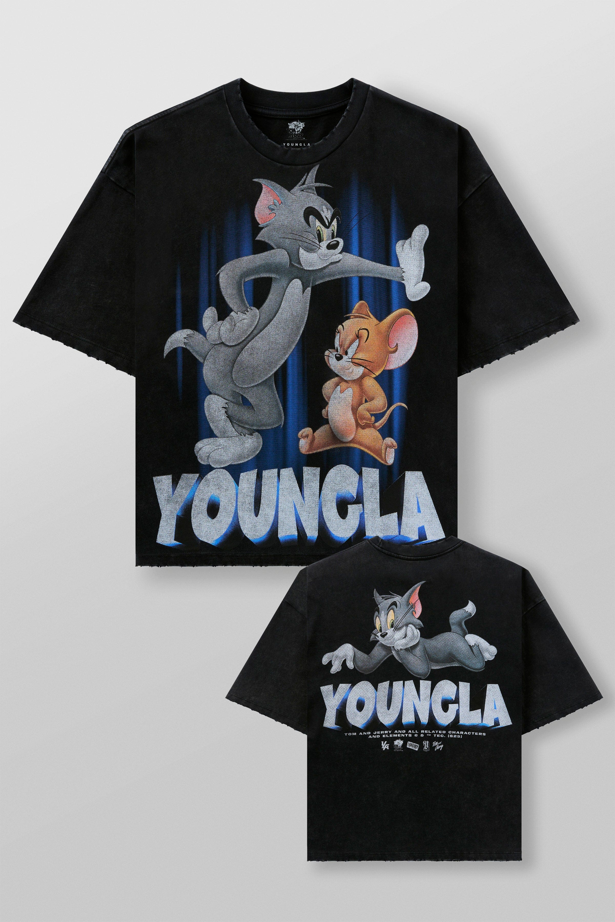 4082 - Tom & Jerry Tees- Tom & Jerry oversized cotton tee featuring bold throwback graphics of classic cartoon scenes, midweight and collectible – The Monochrome design