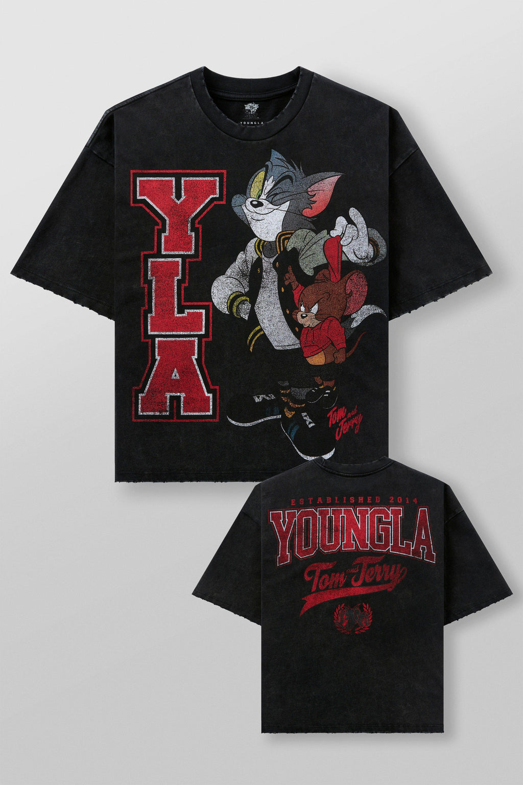 4082 - Tom & Jerry Tees- Tom & Jerry oversized cotton tee featuring bold throwback graphics of classic cartoon scenes, midweight and collectible – The Varsity design