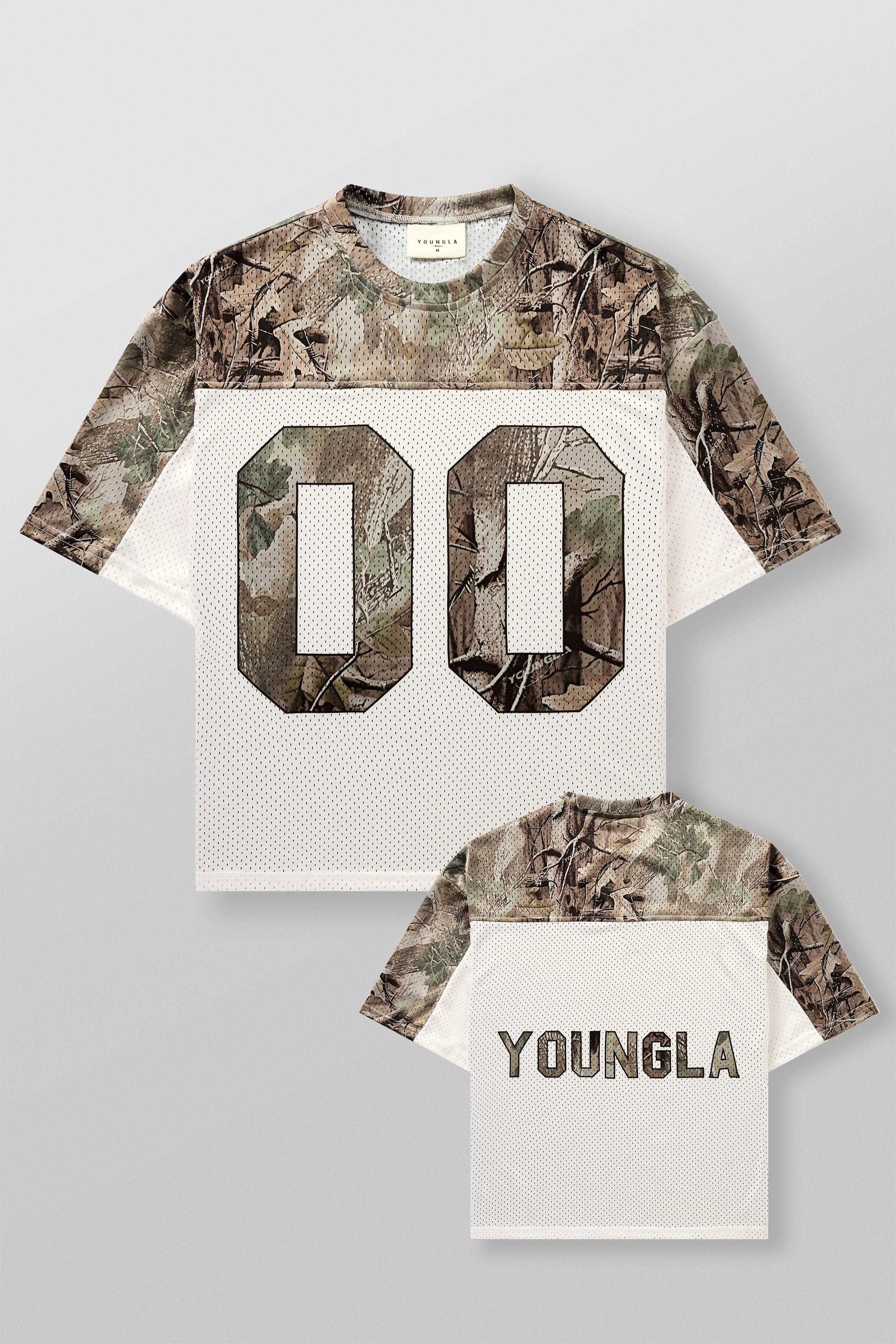 4237 - Double-Zero Jersey- Lightweight mesh jersey with retro sports design, double-zero numbers, and bold YOUNGLA branding on front and back, breathable and comfortable for all-day wear in Beige