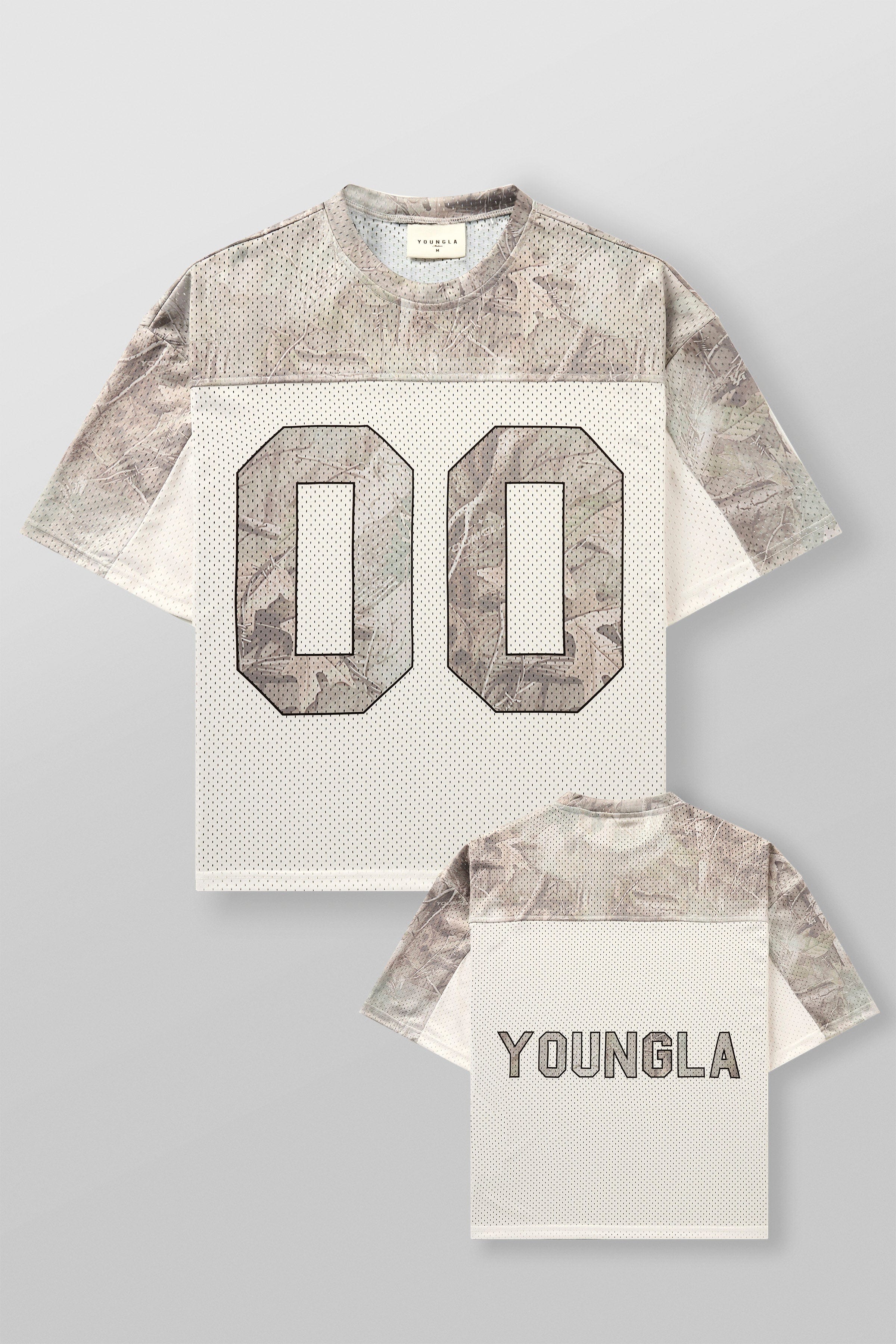 4237 - Double-Zero Jersey- Lightweight mesh jersey with retro sports design, double-zero numbers, and bold YOUNGLA branding on front and back, breathable and comfortable for all-day wear in Desert