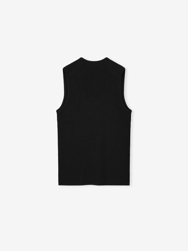 Back view of womens black waffle knit tank top with sleeveless cut and textured fabric, product image 0