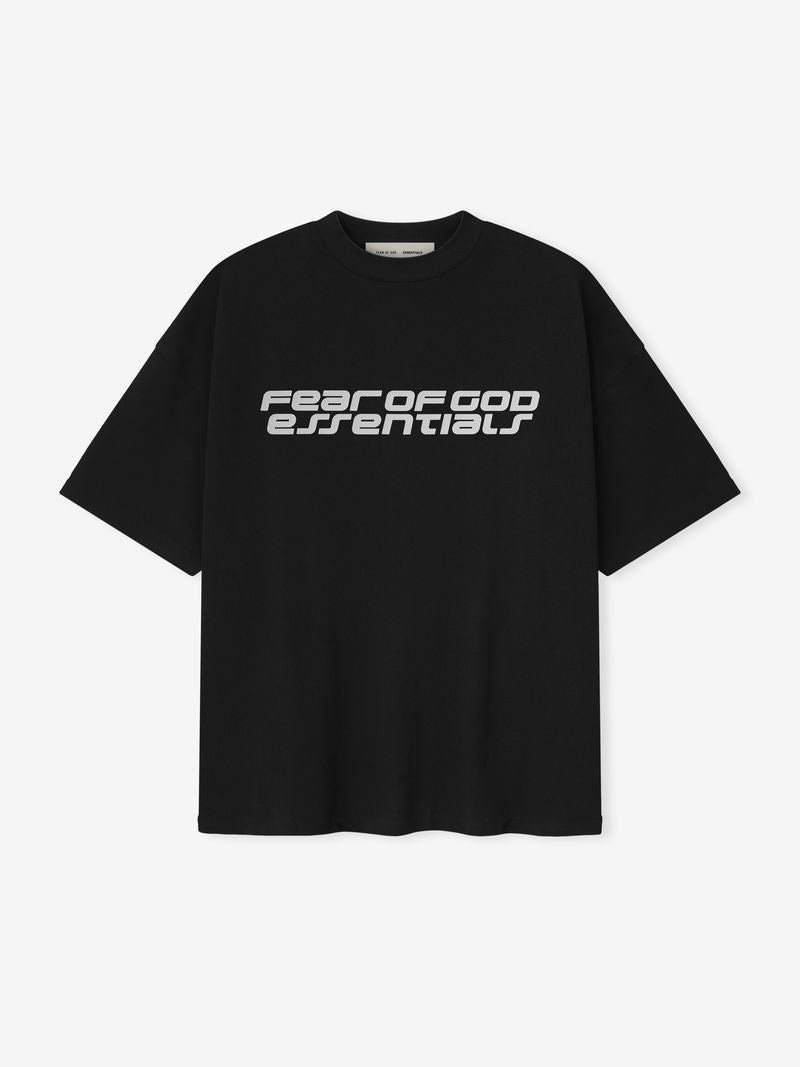 Black Ponte 90s Tee shown flat with light grey Fear of God Essentials logo centered on front, gallery image 5y317hgA.jpg