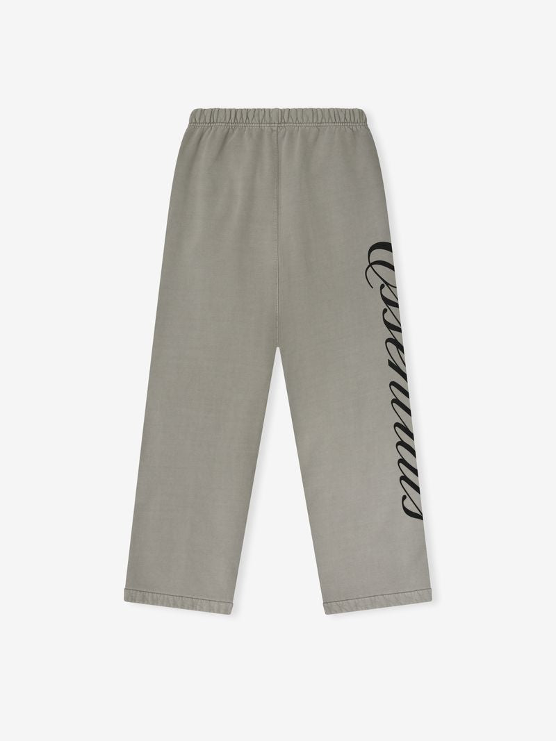 Light taupe Heavy Fleece Lounge Sweatpant laid flat showing full length and vertical black script on right leg, gallery image 0