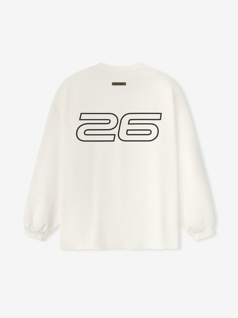 Off-white Ponte 90s Long Sleeve Tee shown from back with large black outlined "26" graphic and small label near neckline