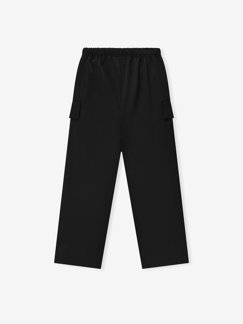 Black Bonded Satin Field Pant flat lay showing full back view with elastic waistband and side cargo pockets, file 6t3T88iw.jpg gallery 0