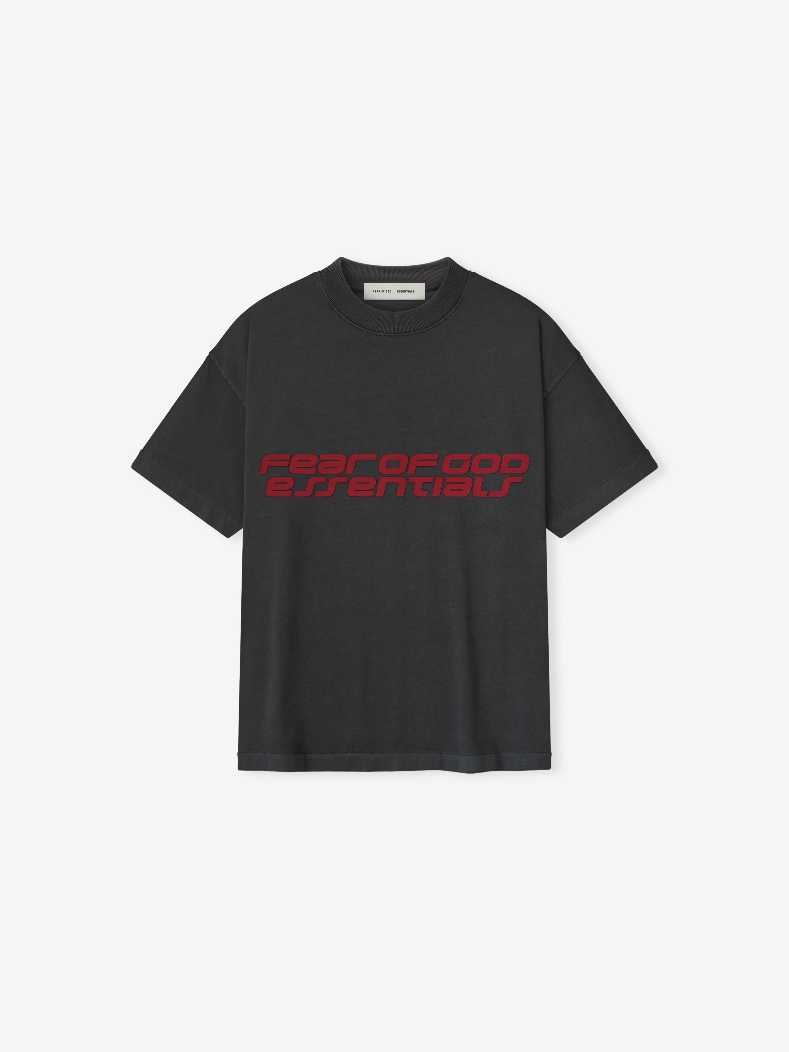 Front view of iron grey Kids Classic Short Sleeve Tee with bold red Fear of God Essentials logo centered on chest, gallery 0