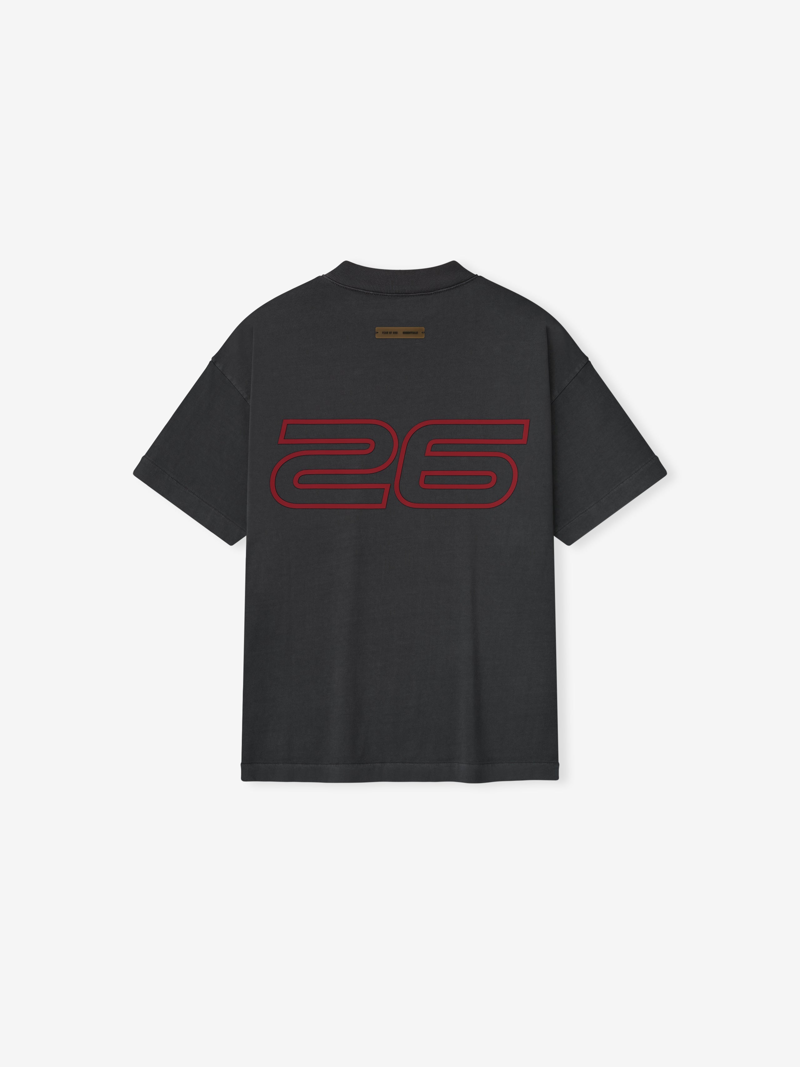 Back view of iron grey Kids Classic Short Sleeve Tee with large red outlined "26" graphic and small logo near neckline, gallery 0