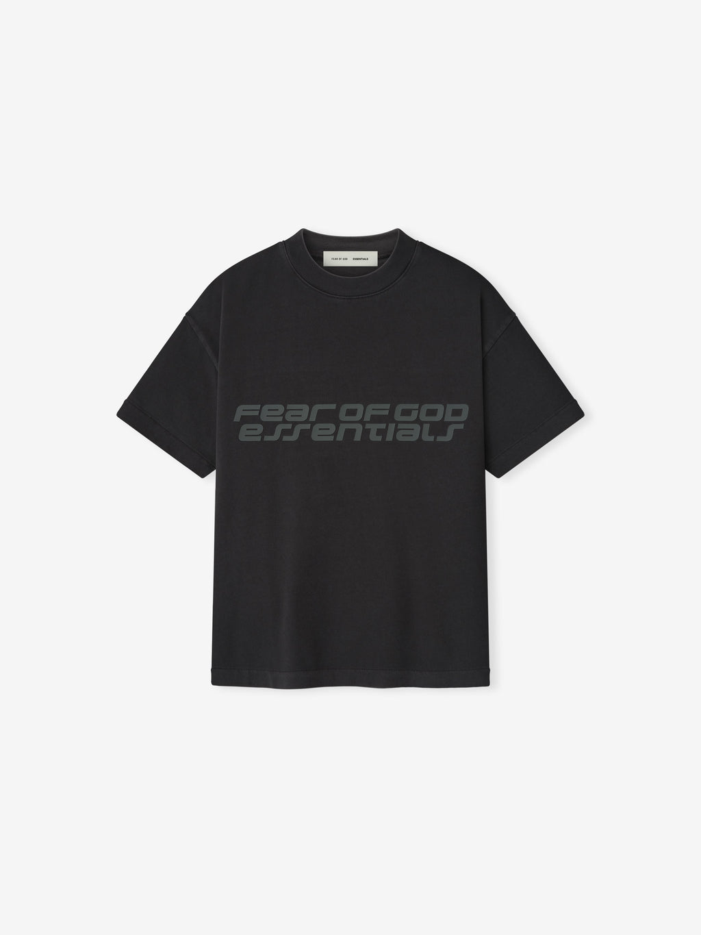 Front view of vintage black Kids Classic Short Sleeve Tee with subtle Fear of God Essentials logo printed across chest, gallery 0