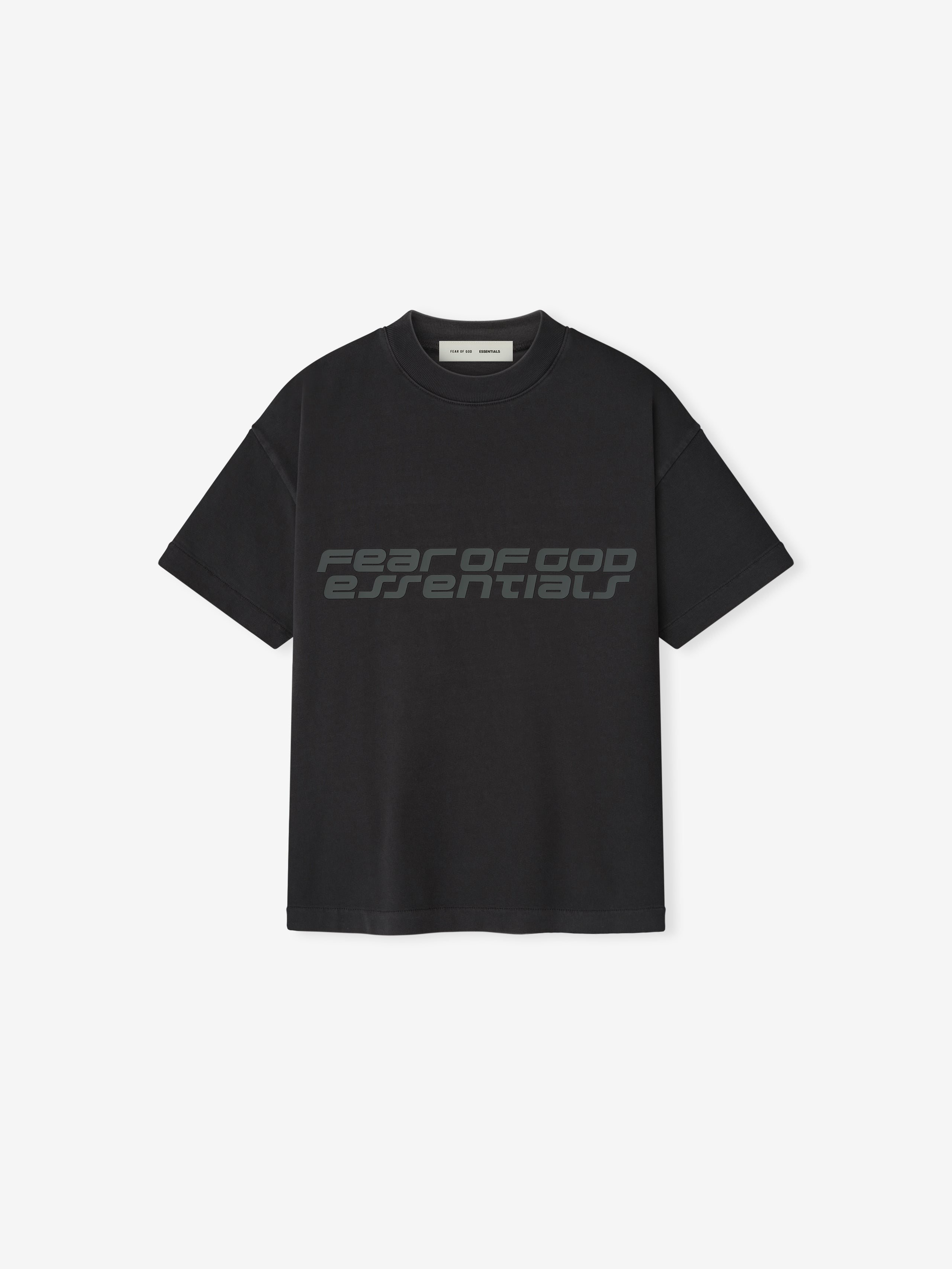 Front view of vintage black Kids Classic Short Sleeve Tee with subtle Fear of God Essentials logo printed across chest, gallery 0