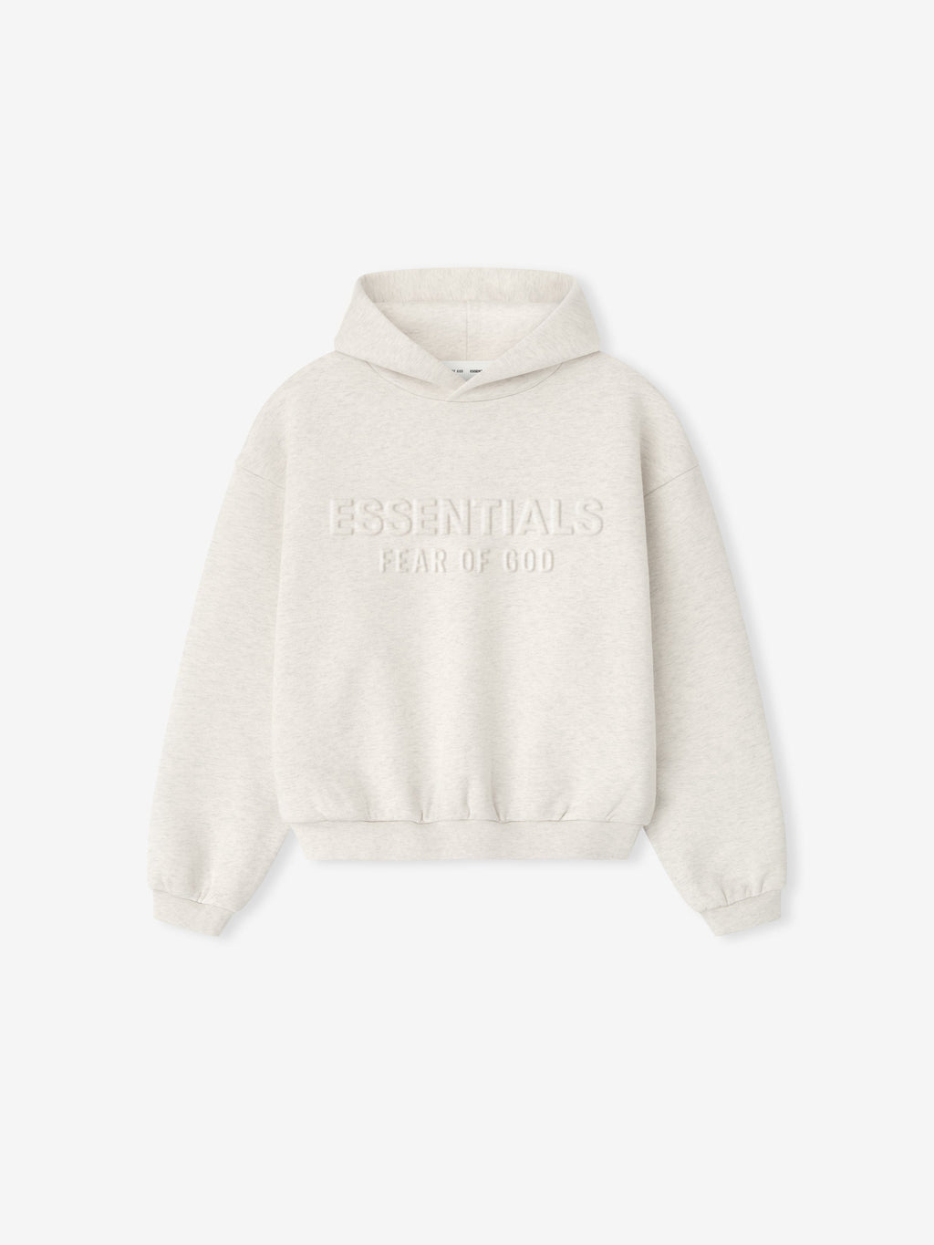 Front view of oatmeal heather Kids Embossed Classic Hoodie with raised ESSENTIALS Fear of God logo on chest, gallery position 0