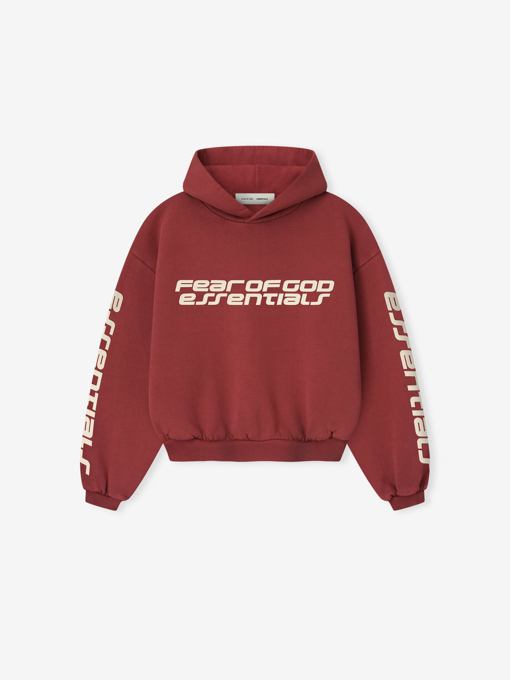 Front view of crimson Kids Classic Hoodie with Fear of God Essentials logo on chest and Essentials text on sleeves
