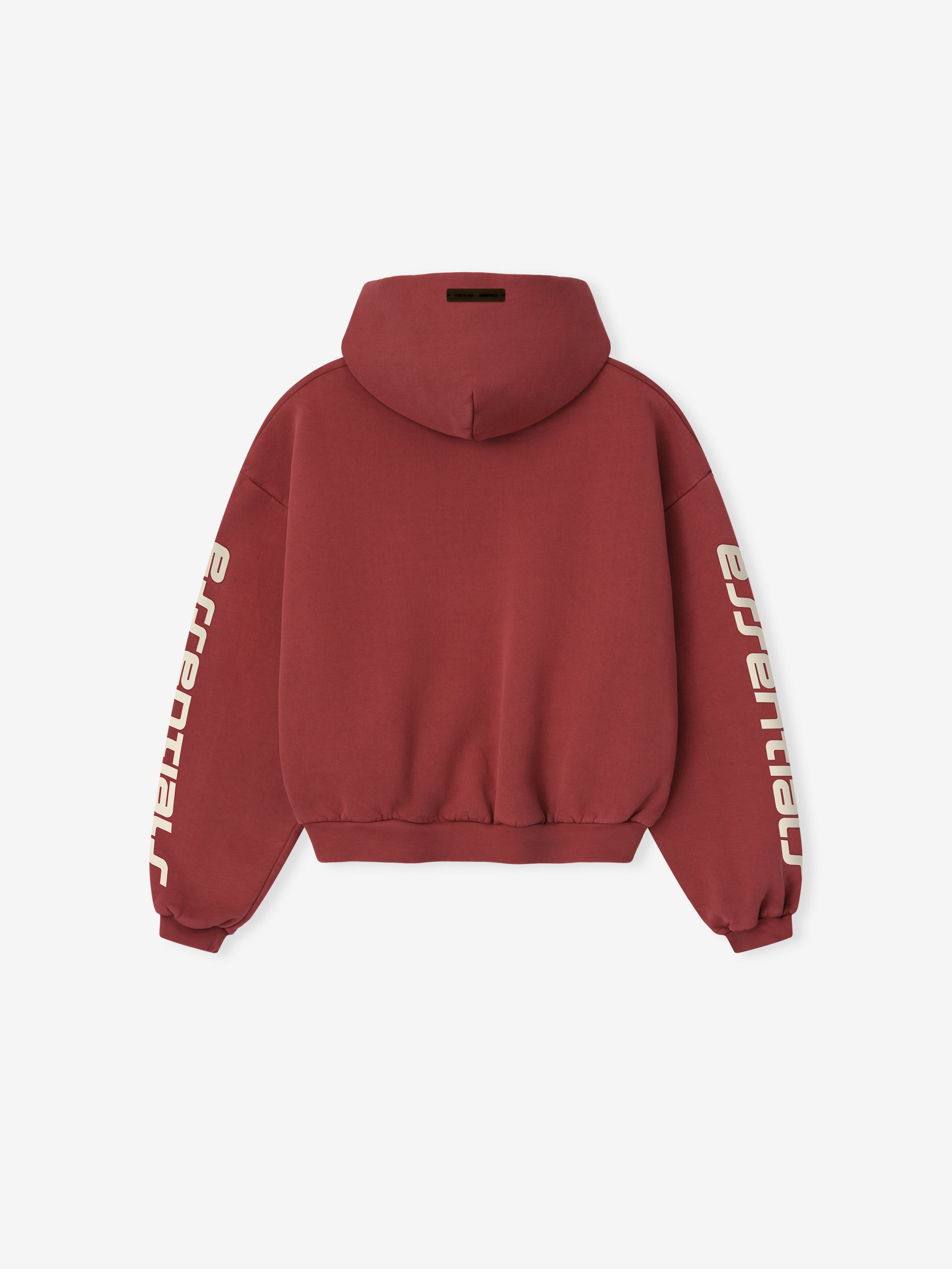 Back view of crimson Kids Classic Hoodie featuring bold ESSENTIALS text printed along both sleeves, gallery position 0