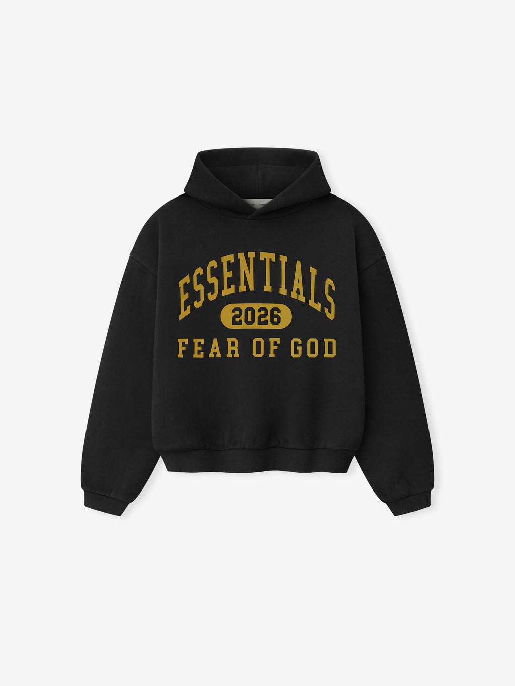 Front view of vintage black Kids Classic Hoodie with gold ESSENTIALS 2026 Fear of God logo, gallery position 0
