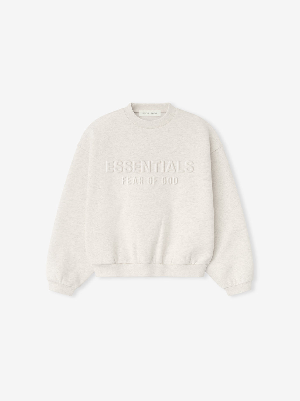 Oatmeal heather Kids Embossed Classic Crewneck Sweatshirt flat lay showing front with raised ESSENTIALS logo design