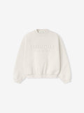 Oatmeal heather Kids Embossed Classic Crewneck Sweatshirt flat lay showing front with raised ESSENTIALS logo design