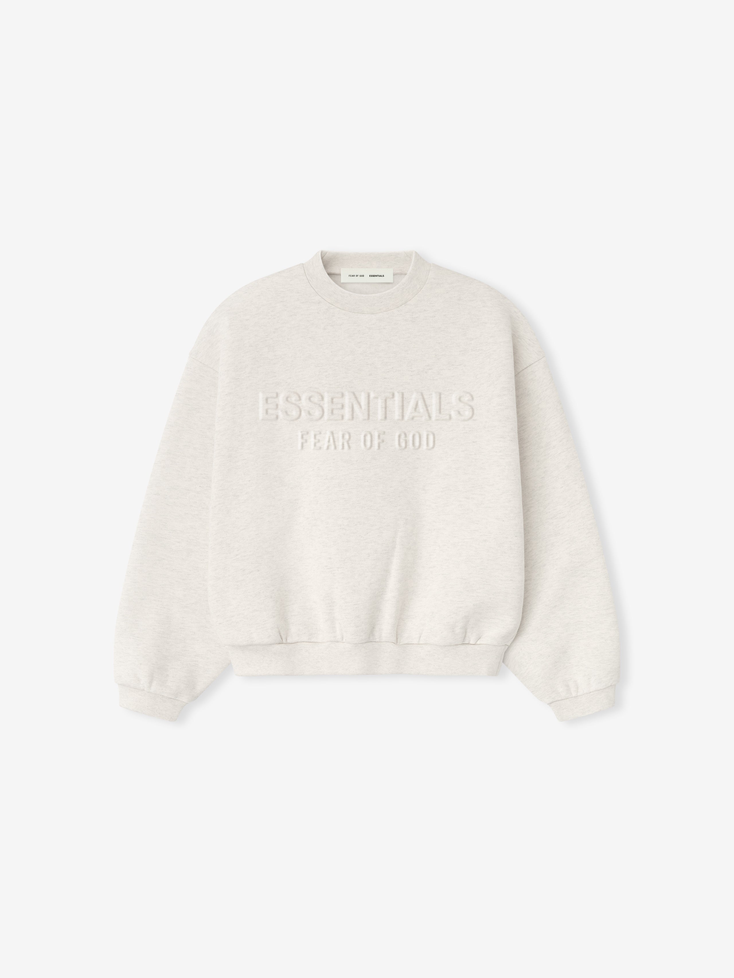 Oatmeal heather Kids Embossed Classic Crewneck Sweatshirt flat lay showing front with raised ESSENTIALS logo design