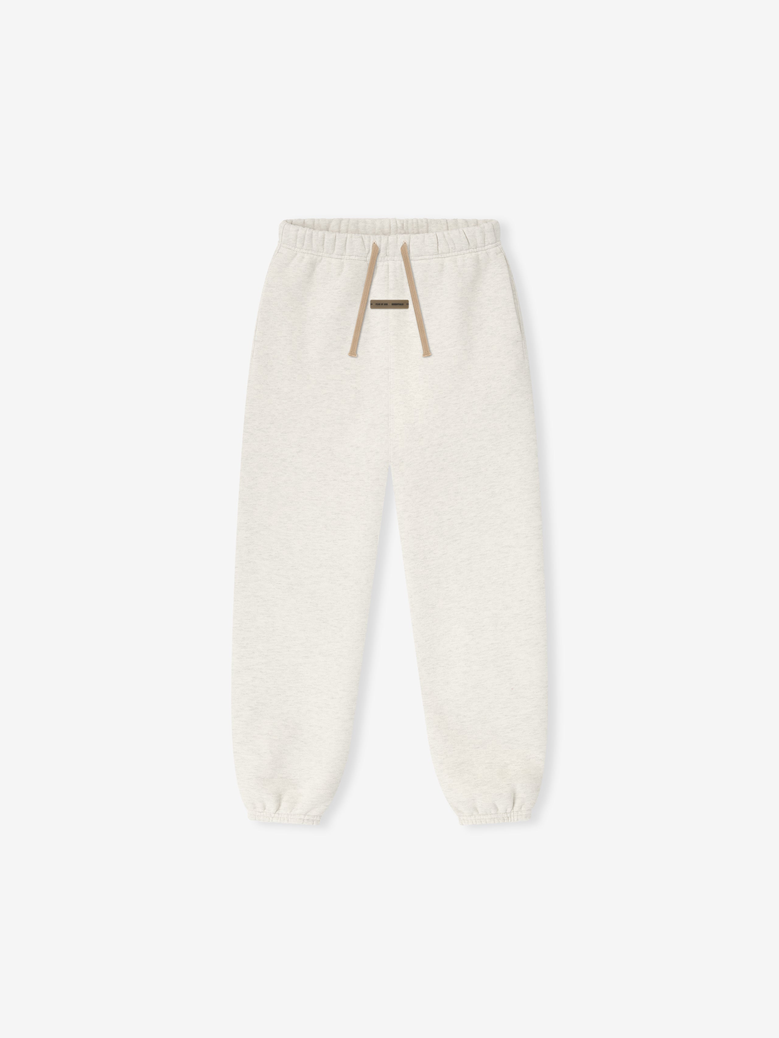 Oatmeal heather Kids Classic Sweatpant with elastic cuffs and beige drawstring, flat lay front view, gallery position 0