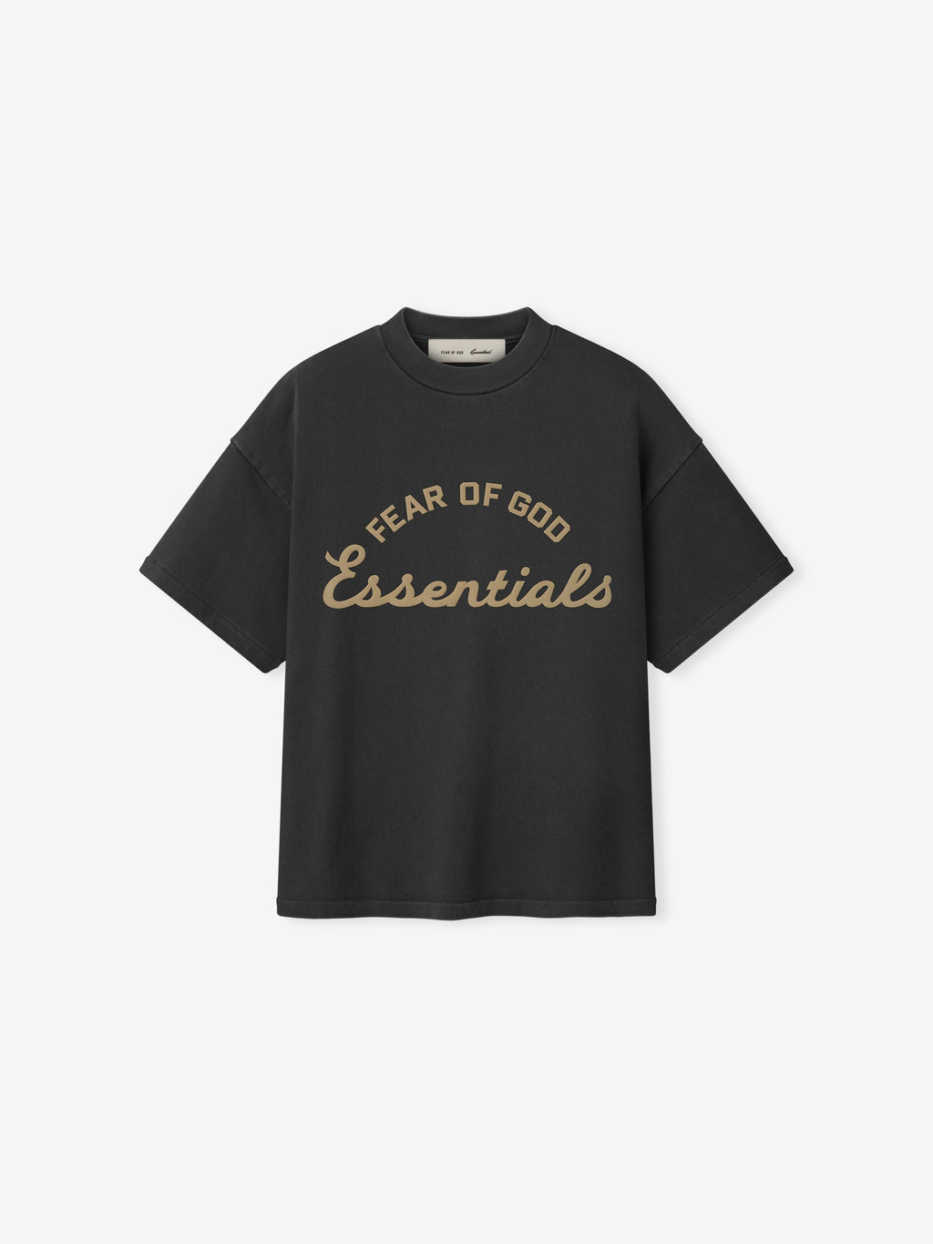 Black t-shirt with 'Fear of God Essentials' text on a white background