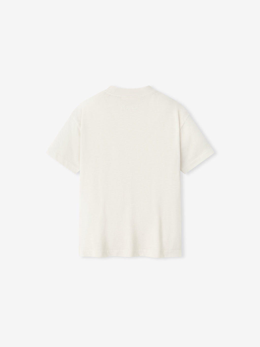 back view of kids classic fit short sleeve tee in soft off-white cotton blend fabric with branded neckline detail