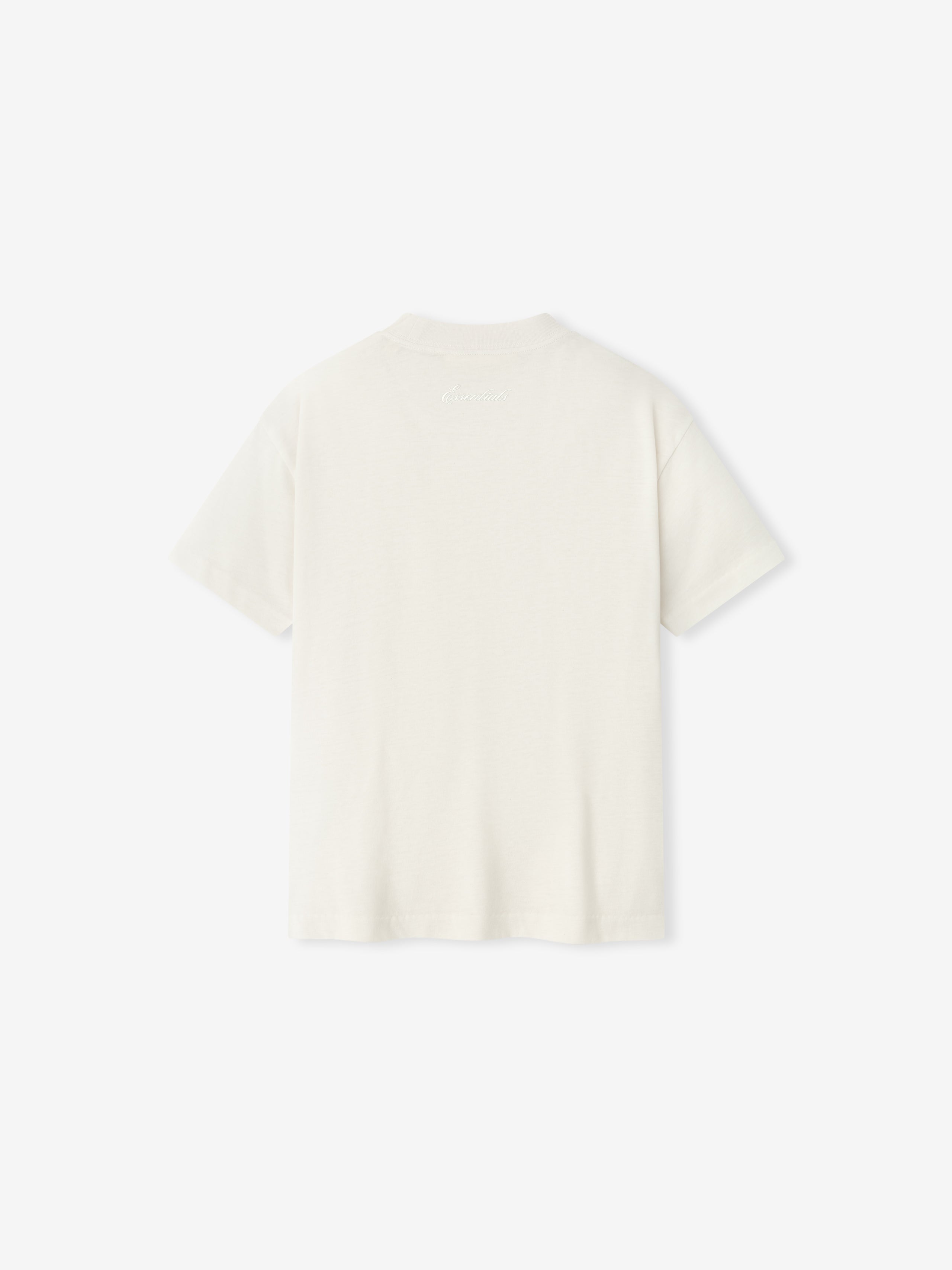 back view of kids classic fit short sleeve tee in soft off-white cotton blend fabric with branded neckline detail