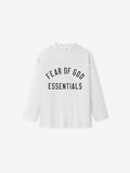 front view of kids classic long sleeve tee in white cotton jersey with Fear of God Essentials chest logo print