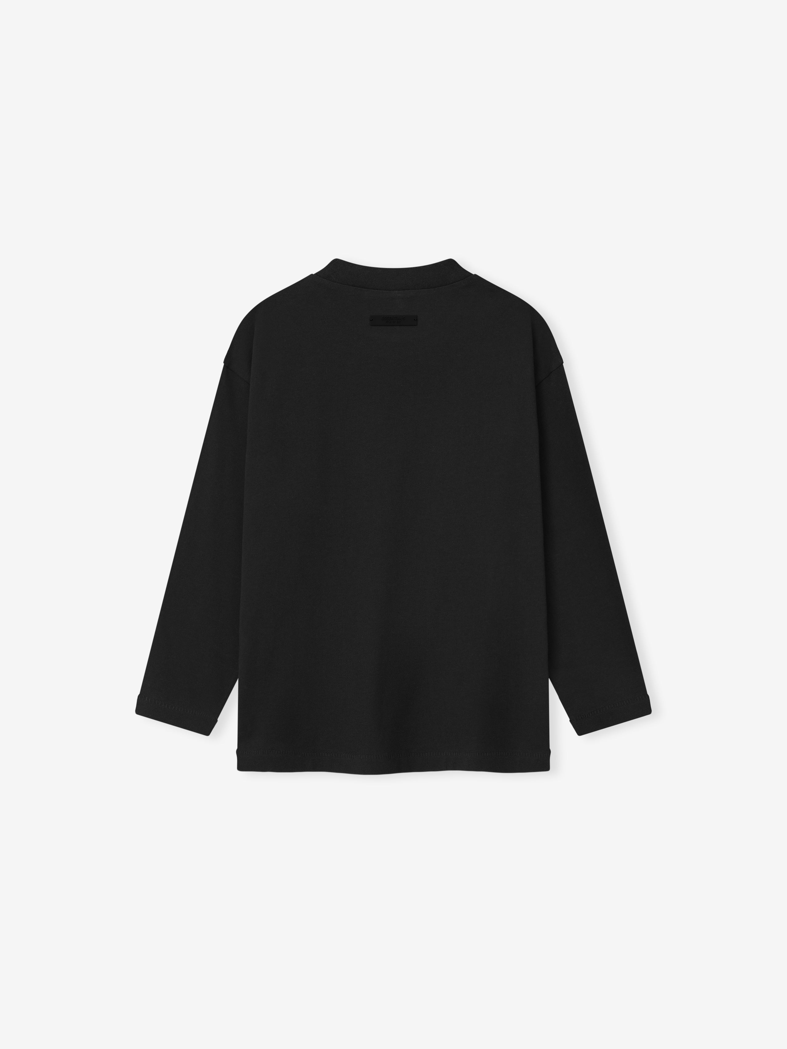 Back view of plain black long-sleeve shirt with crew neck on solid light gray background