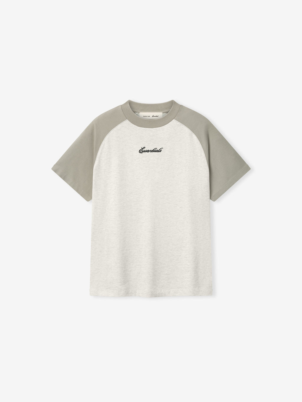  Baseball t-shirt with gray sleeves and white body on a light beige background