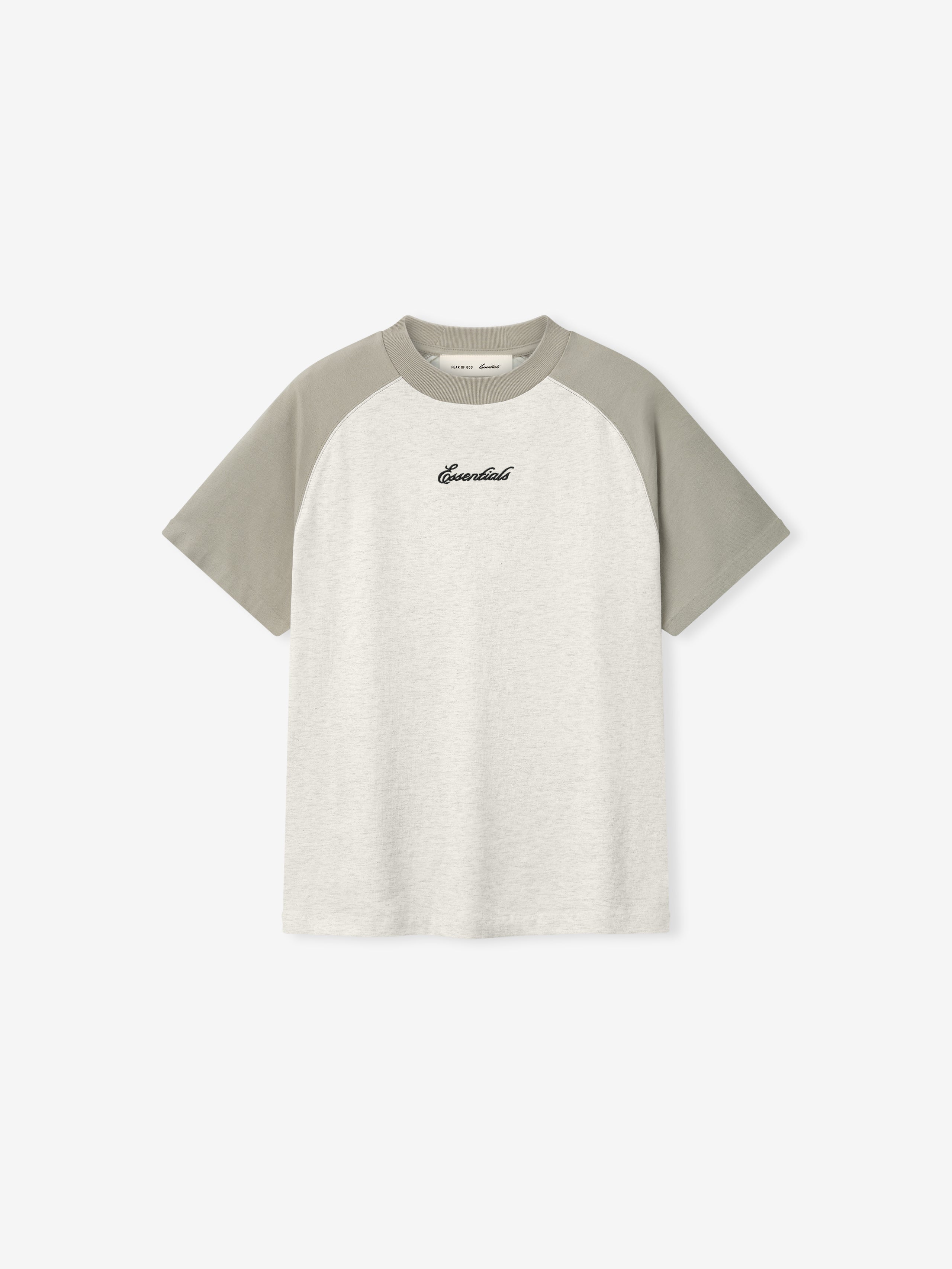  Baseball t-shirt with gray sleeves and white body on a light beige background