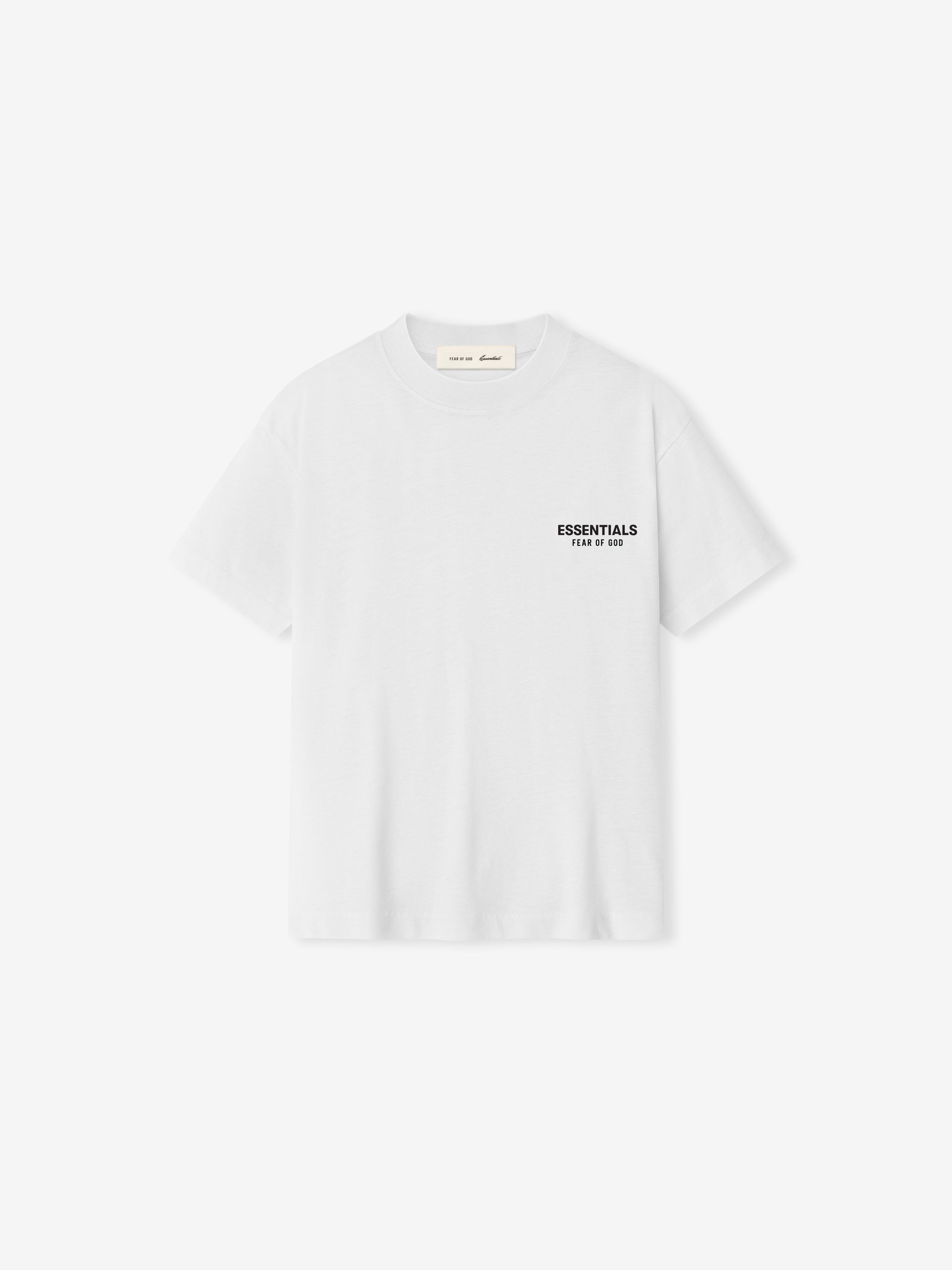 White t-shirt with black text on a white background