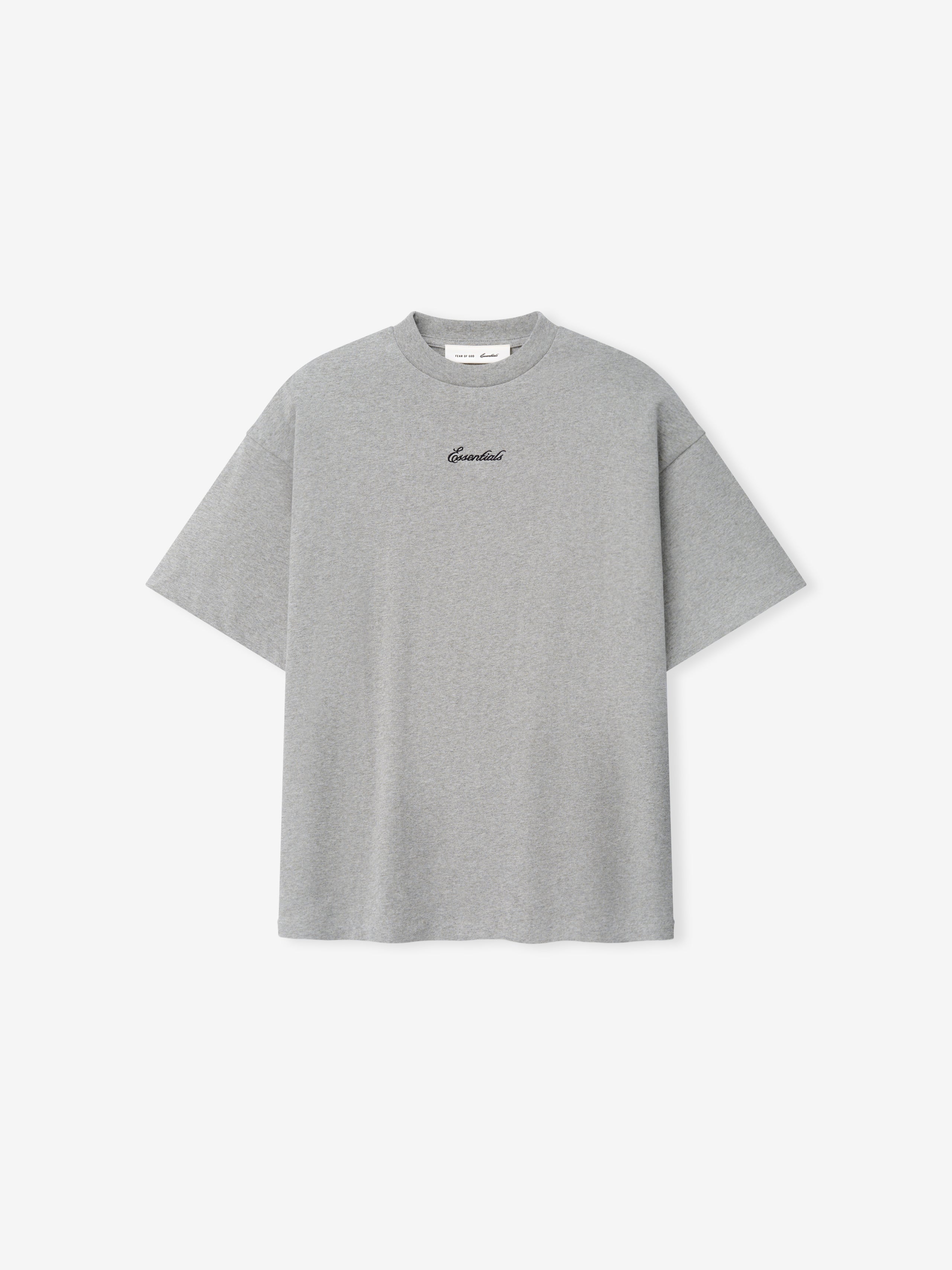 Kids Signature 90s Tee in concrete heather gray with a relaxed fit and small black cursive Essentials logo centered on soft cotton fabric, suitable for casual wear.
