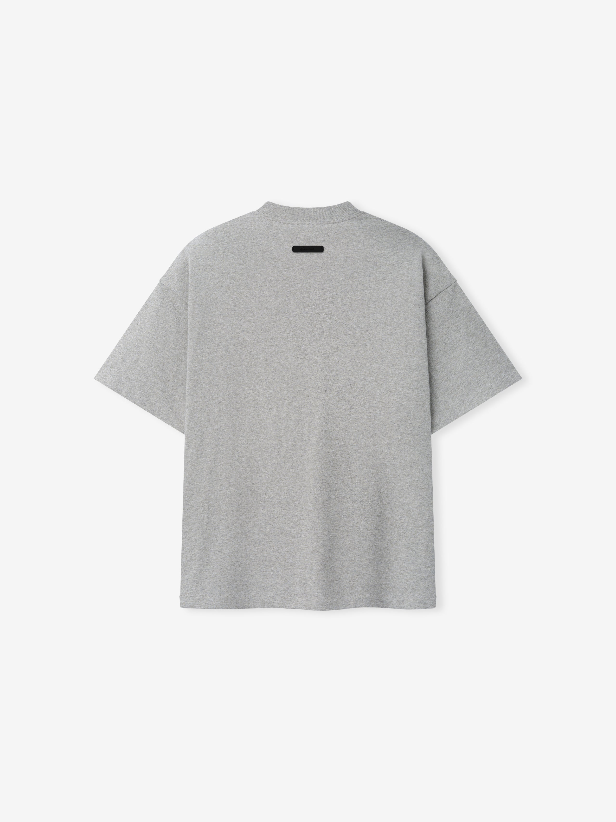 Back view of Kids Signature 90s Tee in light gray heather fabric with a relaxed fit and subtle black label detail at the neckline, made for casual kids' wear.