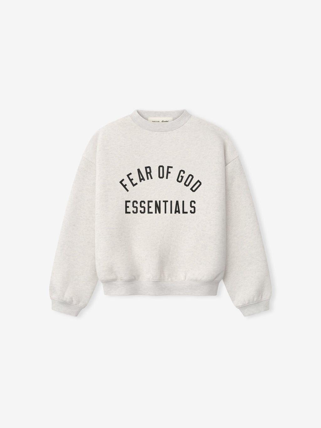 Light gray crewneck sweatshirt with black "FEAR OF GOD ESSENTIALS" text printed in arched style on front panel