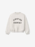 Light gray crewneck sweatshirt with black "FEAR OF GOD ESSENTIALS" text printed in arched style on front panel